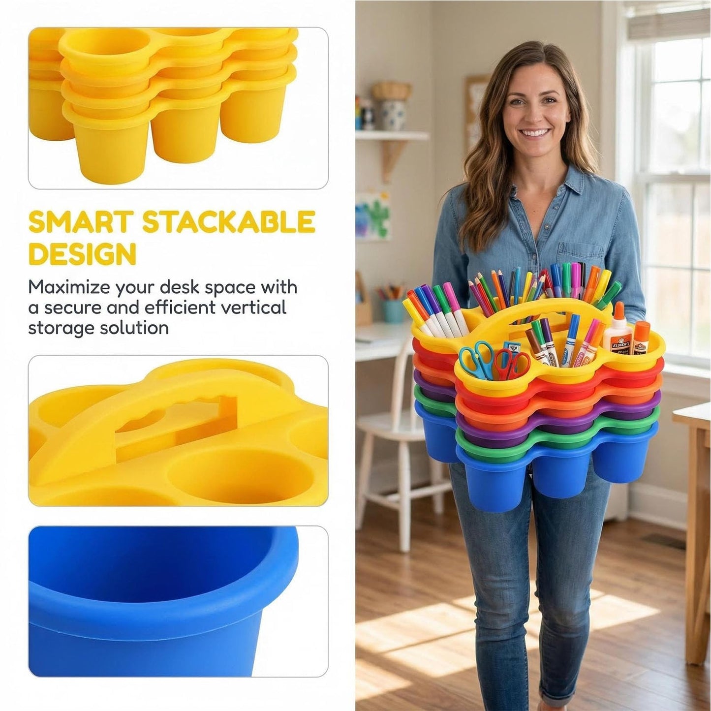 SSATISCN Multicolor Pencil Holders for Desk, 6-Cup Classroom Caddy with Handles, Durable Art Supply Organizer for School Office Home (Set of 6)