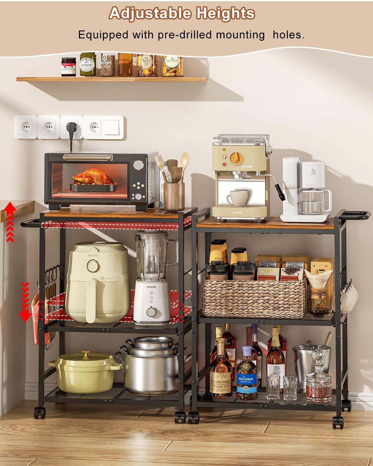 3-Tier Microwave Cart with Adjustable Shelves, Rolling Kitchen Cart with Push Handle & Smooth Slider Shelf, Small Utility Stand with Storage for Small Space Kitchen, Waterproof & Hardwood Floor Safe