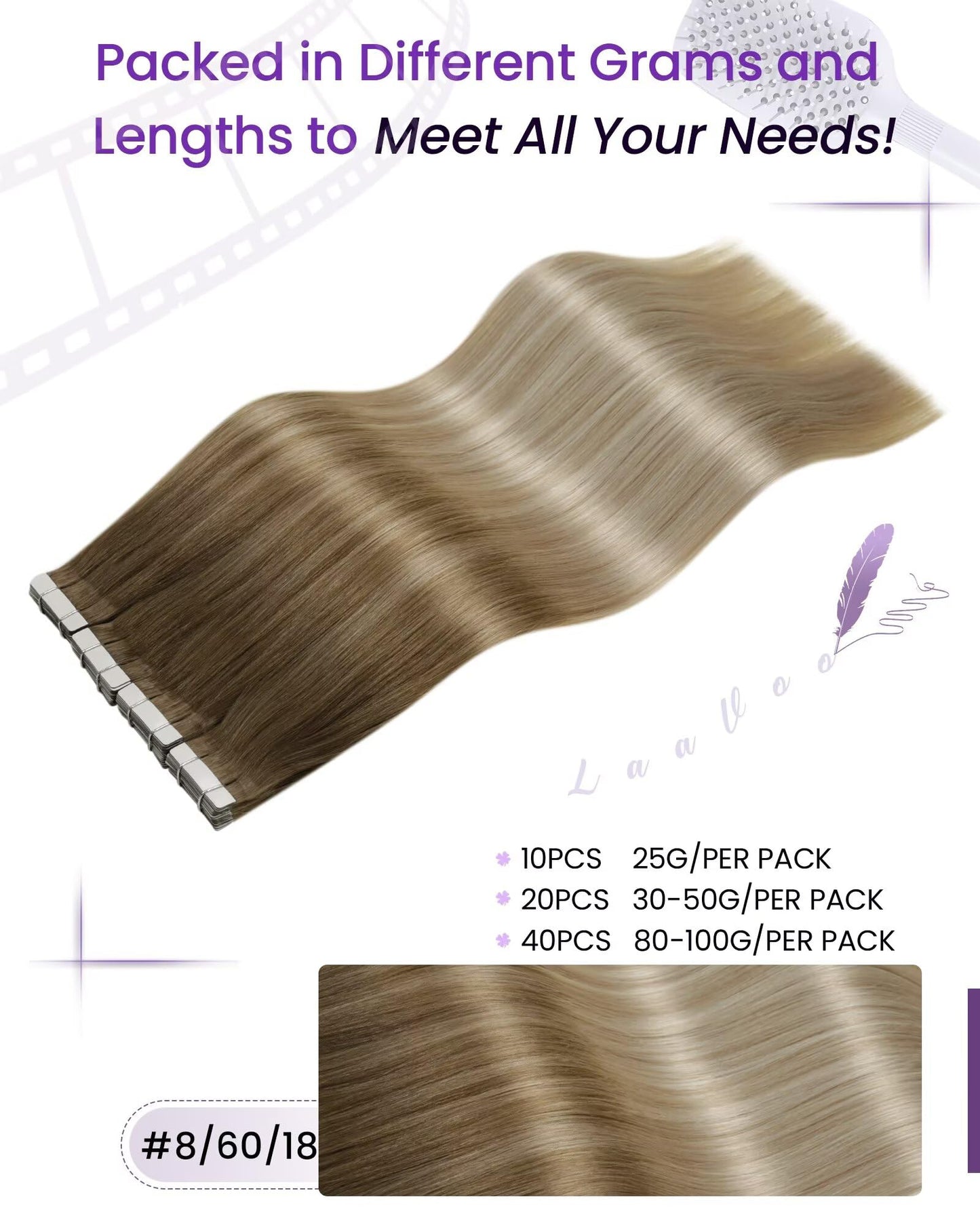 LaaVoo Tape in Hair Extensions Blonde Balayage Tape in Hair Extensions Human Hair 18inch Brown to Ash Blonde Mix Platinum Blonde Hair Extensions Tape in Human Hair 50g 20pcs