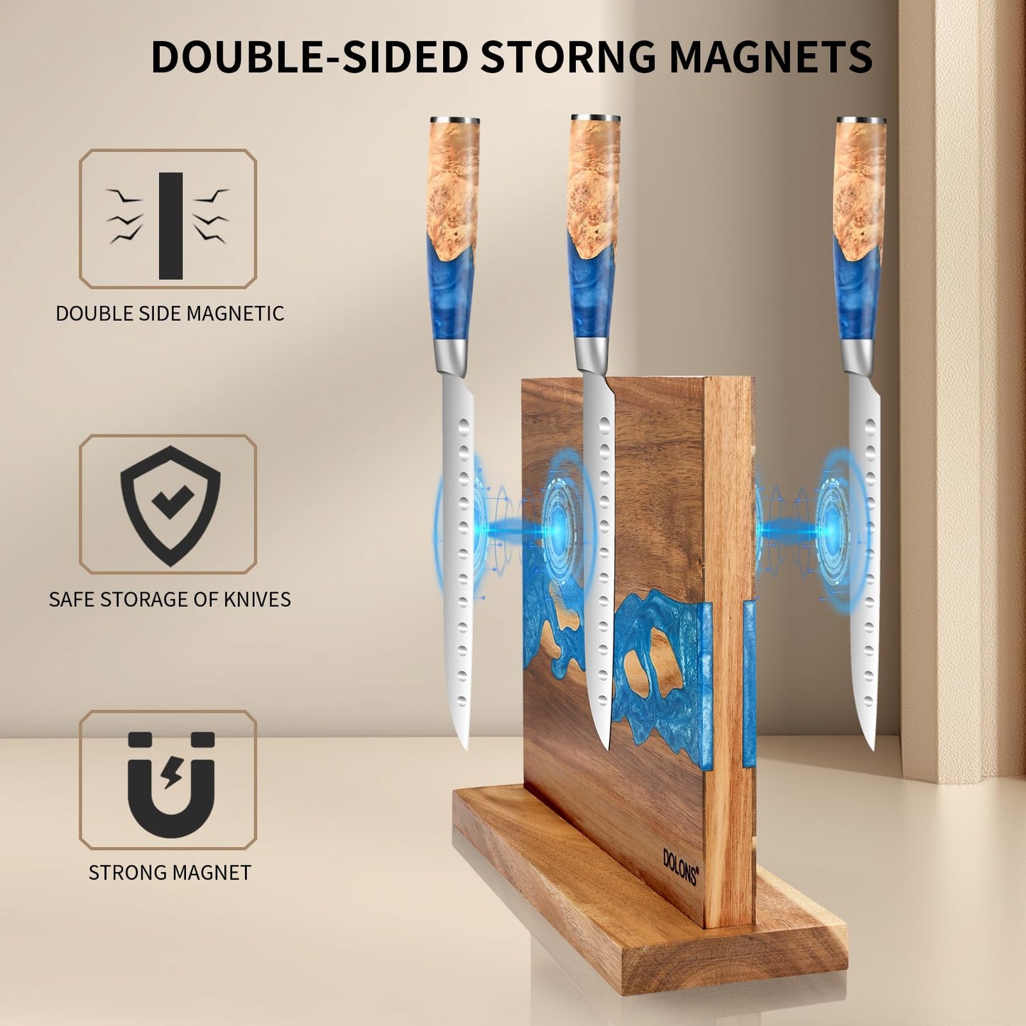 DOLONS Magnetic Knife Block,Acacia Wood And Resin Kitchen Magnetic Knife Holder，Equipped with strong magnets,Multifunctional Double Side Knife Storage Organizer for Kitchen Counter ，Gifts for new home