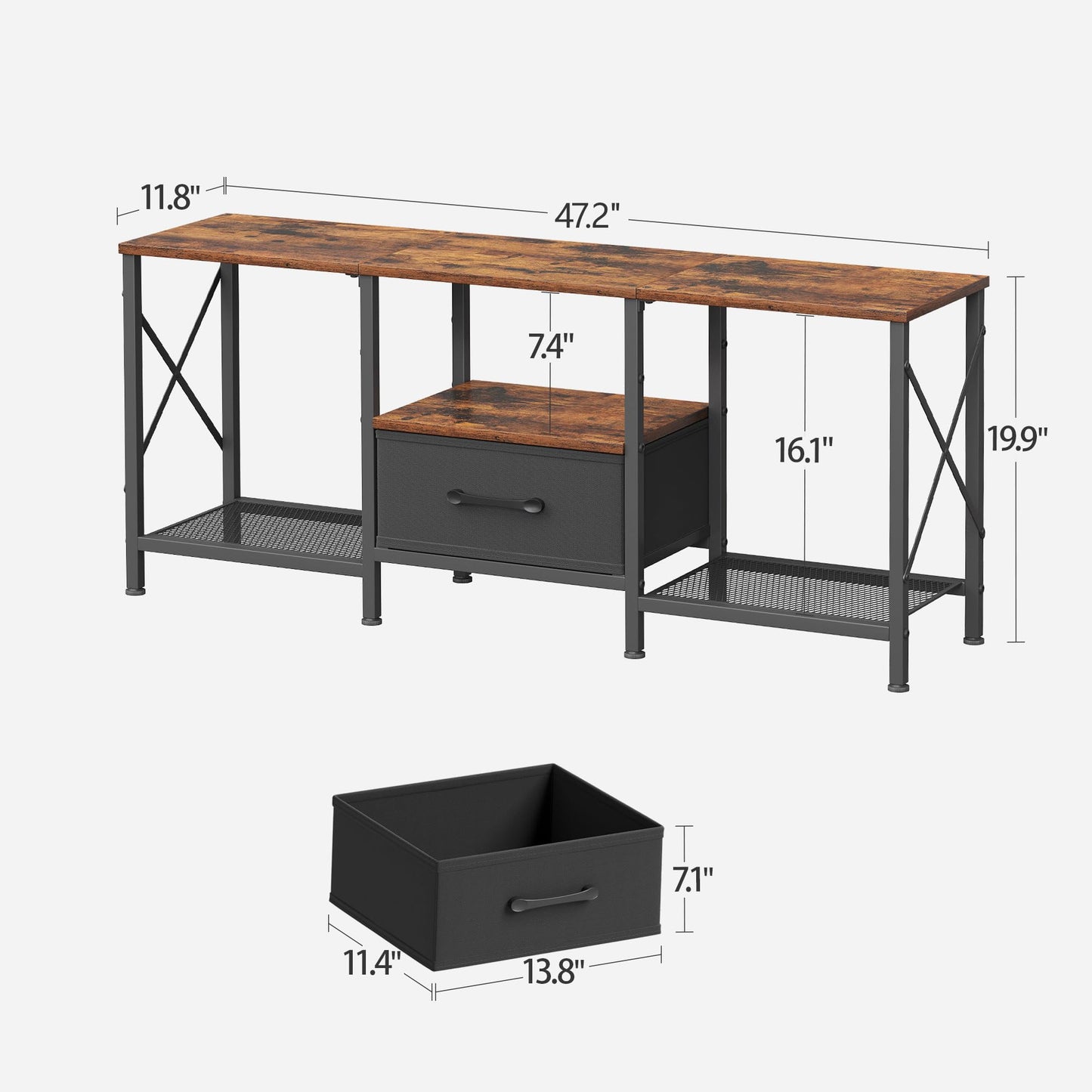 JARHETUN TV Stand with Fabric Drawer, Entertainment Center for 50 55 Inch TV, Industrial TV Console Table with Open Storage Shelves for Living Room, Bedroom, Rustic Brown