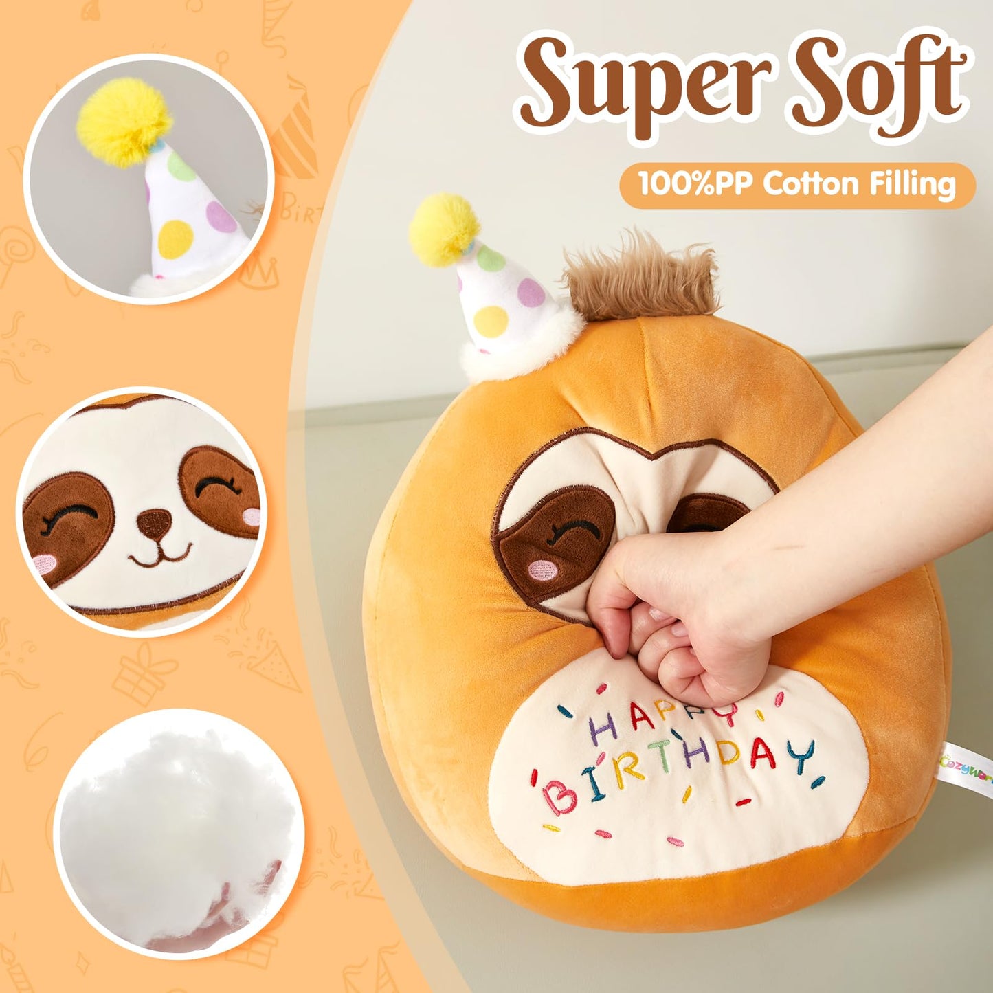 15" Birthday Sloth Plush Pillow Soft Sloth Plush Toy Cute Stuffed Animal Home Room Decoration Birthday Gift for Kids Toddlers Brown