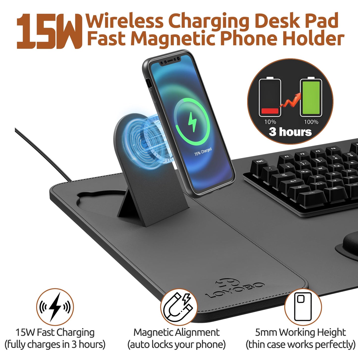 15W Magnetic Wireless Charging Mouse Pad with Ergonomic Tilt Phone Stand