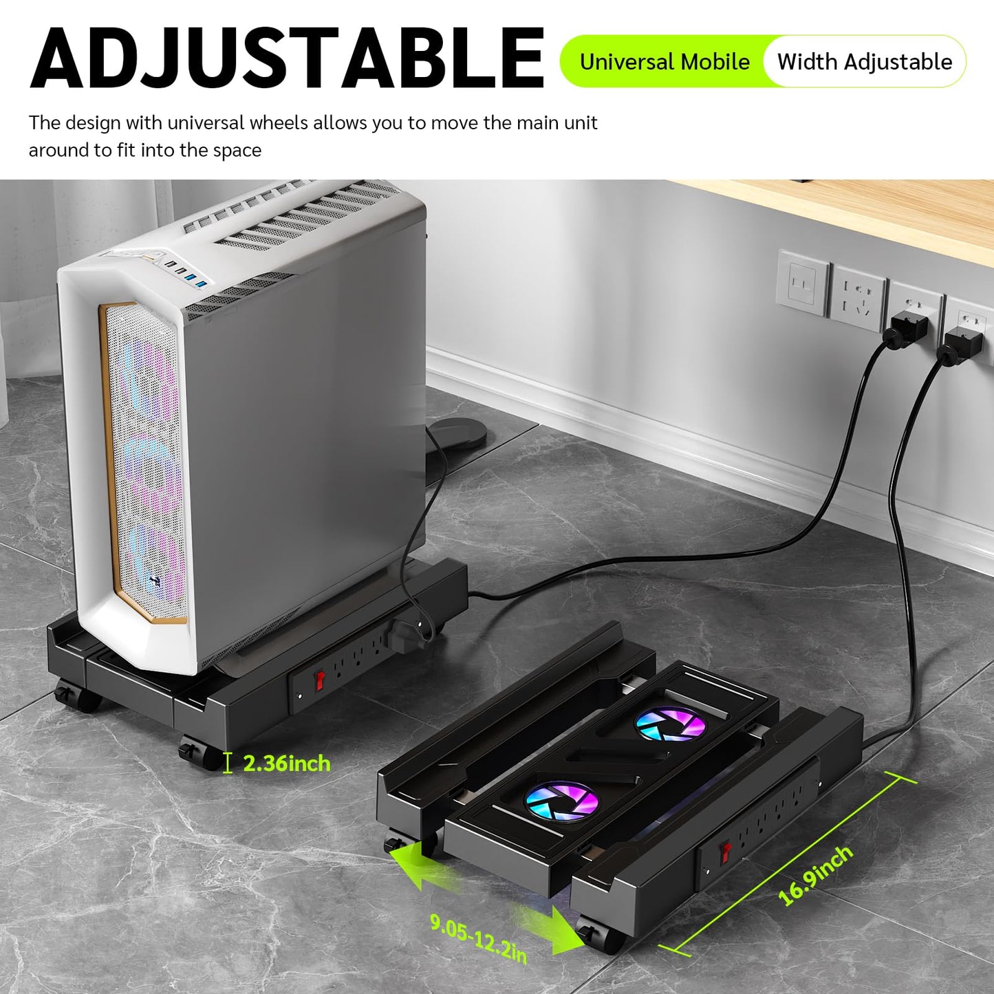 Adjustable CPU Holder with Charging Station and Cooling Fan with RGB Light,Mobile CPU Holder with 4 Rolling Casters, Under Desk CPU Bracket PC Floor Cart PC Riser for Office, Home (Socket with Fan)