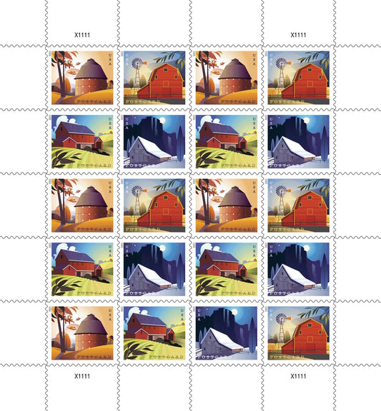Barn Postcard Forever Postage Stamps 2 Sheets of 20 US Postal First Class American History Wedding Celebration Anniversary (40 Stamps)