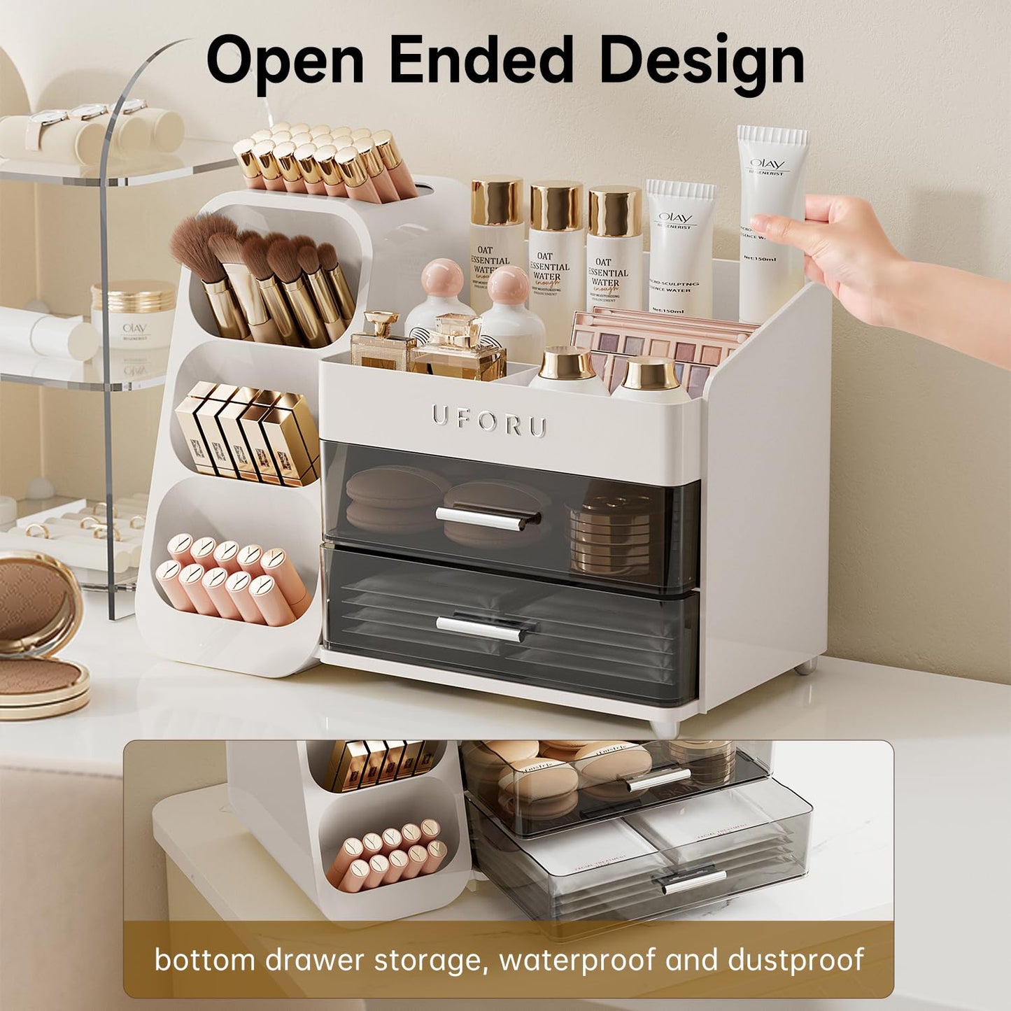 UFORU Makeup Organizer For Vanity, Countertop Organizer With Drawers, Spacious Cosmetic Display Case for Beauty Essential, Skincare, Lipstick (White)