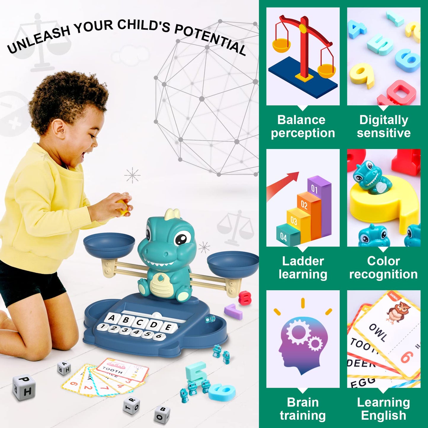 Kaodezhu Dinosaur Math Balance Toy for Boys and Girls - Montessori Matching Letter Toy for Kids 3 Year Olds, Educational Kindergarten Preschool Early Learning, Birthday Gift for 4 5 6 7 Years Old