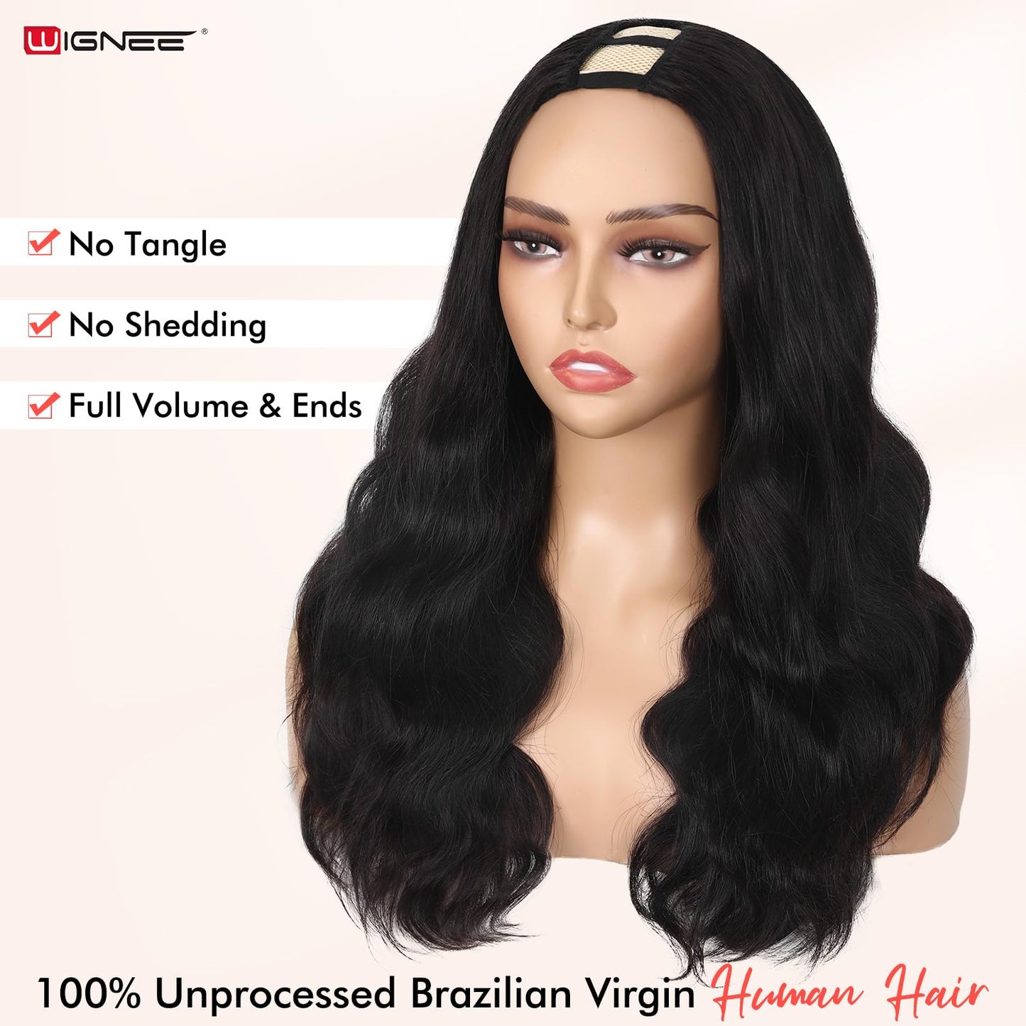 WIGNEE U Part Human Hair Body Wave Wig 100% Unprocessed 12A Grade Brazilian Virgin Human Hair Clip in V Part Body Wave Wigs for Black Women Human Hair Glueless 18 Inch Black Curly Human Hair Wig