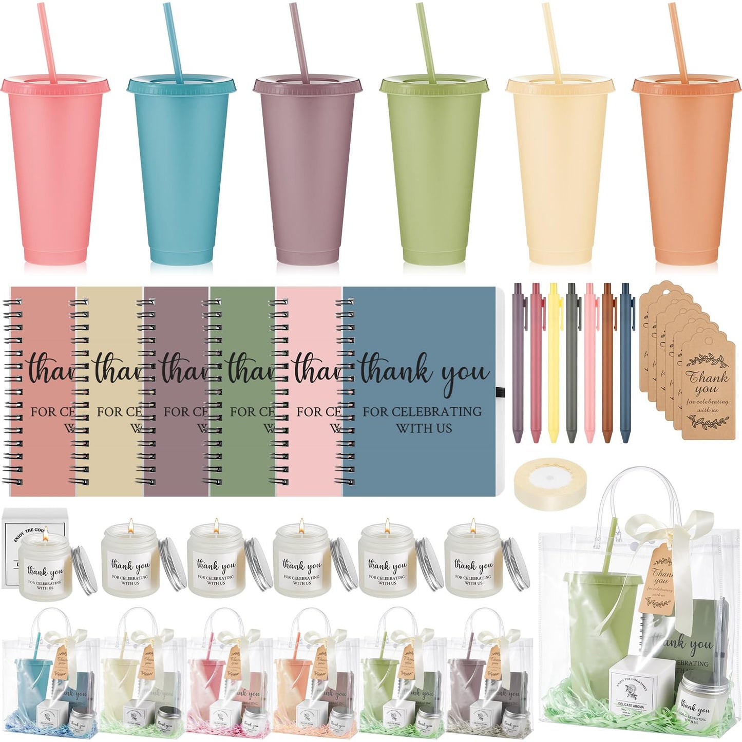 Nuogo 6 Sets New Parent Shower Prizes for Player Winners Adults Include Plastic Tumbler Notebook Scented Candles Ballpoint Pen Gift Bag, Party Player Winner Gifts (Morandi Color,Classic Style)