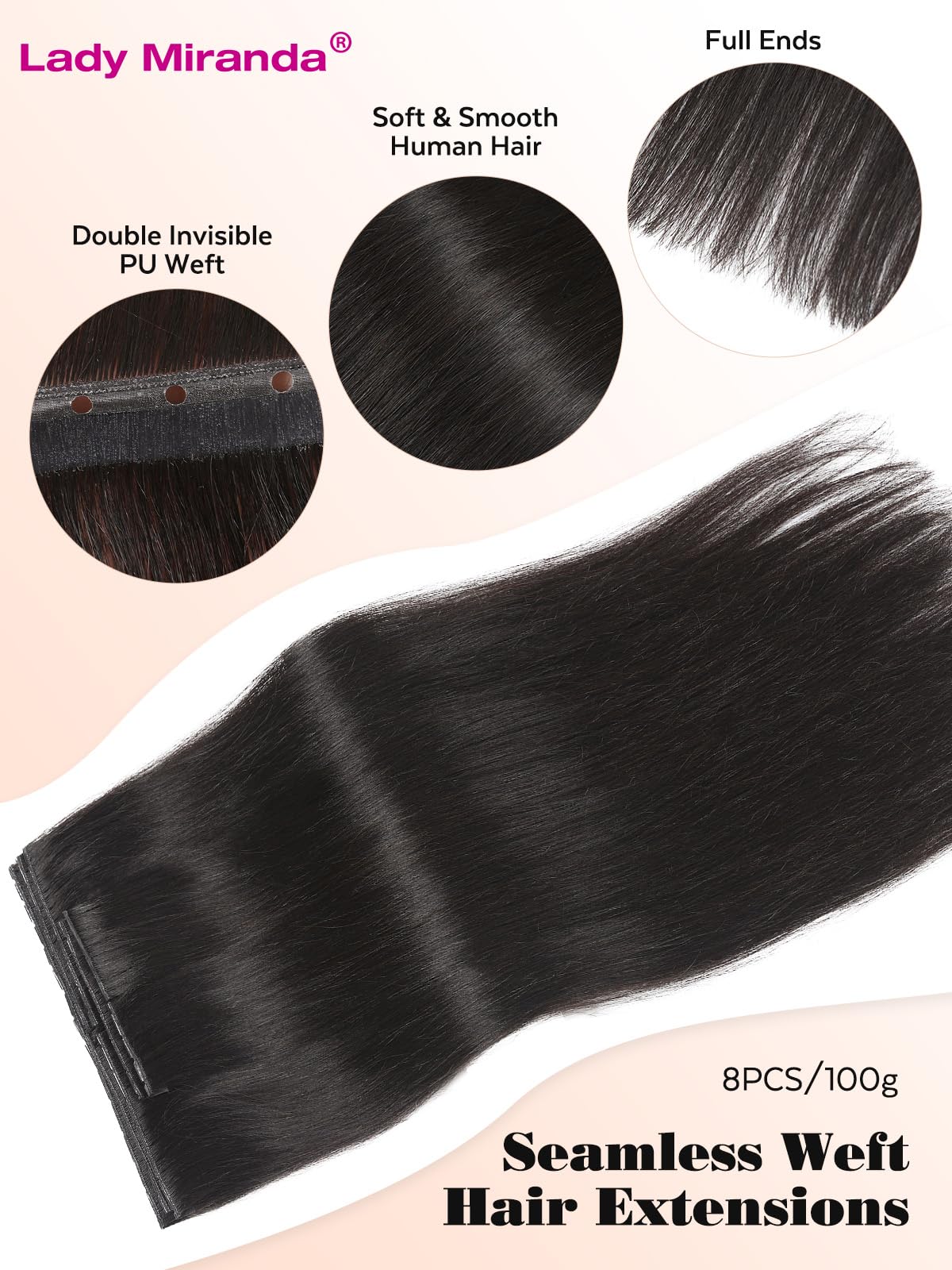 LADY MIRANDA Double Sided PU Invisible Weft Human Hair Extensions 18 Inch 100G Natural Black Micro Ring PU Hair Extensions Twin Tabs Invisible Weft Tape in Extensions with Micro Beads(1B, 18 Inch)