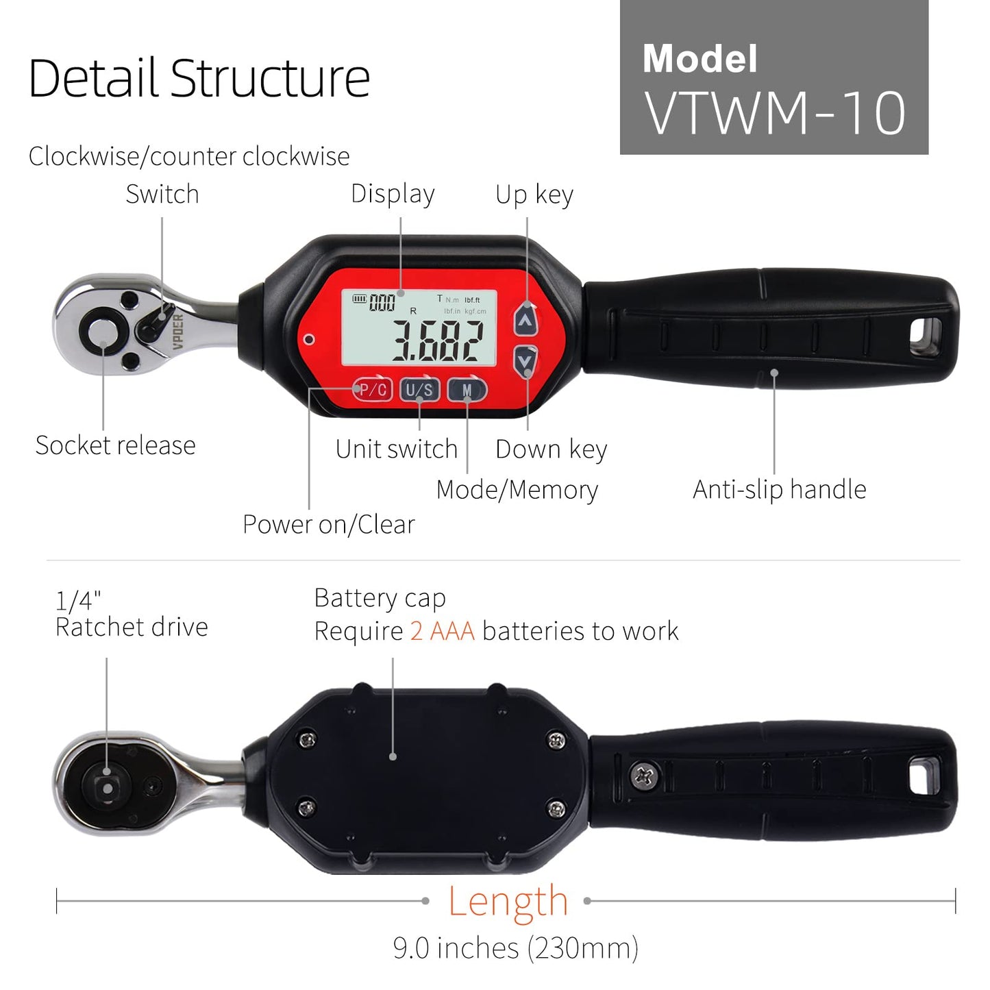 VPOER Digital Torque Wrench 1/4-inch Drive, 0.22-7.37 ft-lbs (0.3-10 Nm) (2.65-88.5 inch pound) with Buzzer & LED, Calibrated
