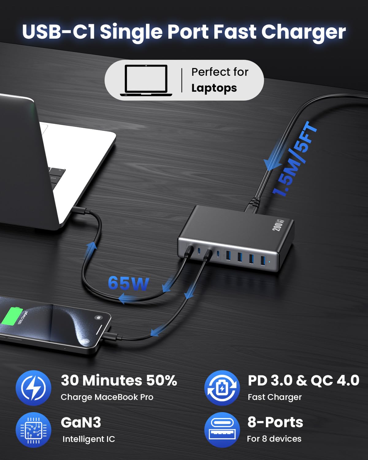200W USB C Charger Block,GaN III USB Charging Station 8 Ports,QC4.0 Fast Charging Station Hub+PD 65W USB C Laptop Charger Adapter Compatible with MacBook Pro,DELL,iPhone 16/15,iPad,Steam Deck-Black