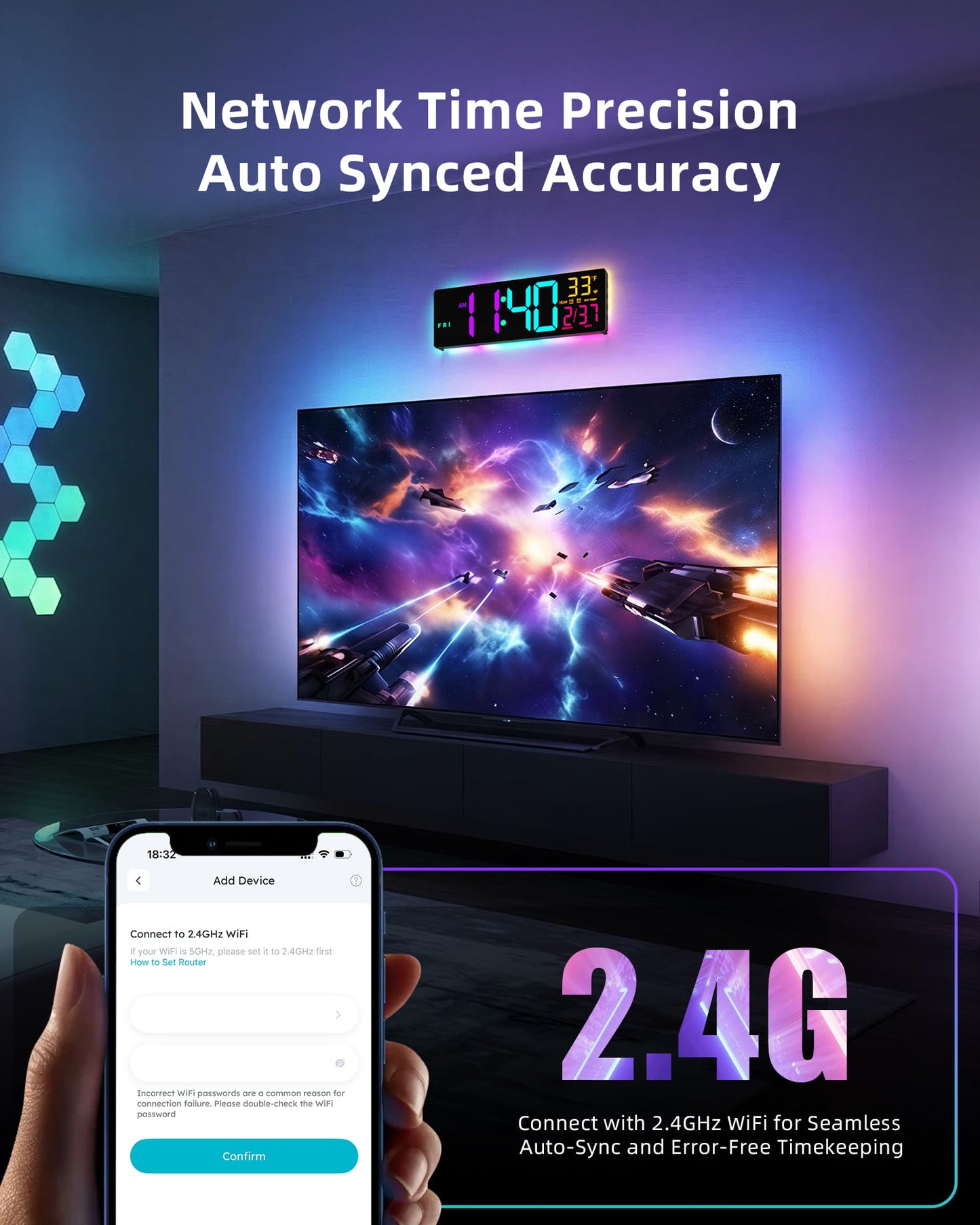 EASYERA Smart Digital Wall Clock with App Control, 16.5” Large RGBIC Wall Clock with Multiple DIY Color and Music Sync, LED Display, Auto DST, Plug-in Clocks for Classroom Home Gym Gaming