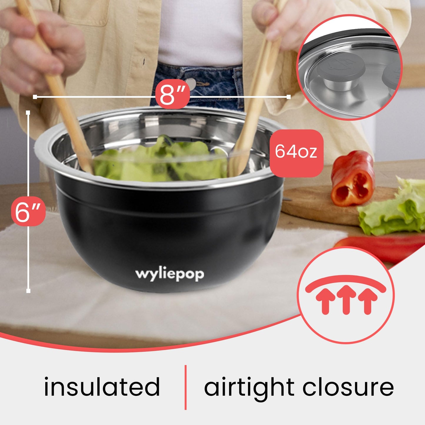 Wyliepop 64oz Stainless Steel Salad Bowl Kit & 3Pcs Bamboo Cutlery Set with 2x Condiment Containers, Insert Tray, Bowl & Leakproof Lid - Salad Bowl To Go Lunch Portable Reusable