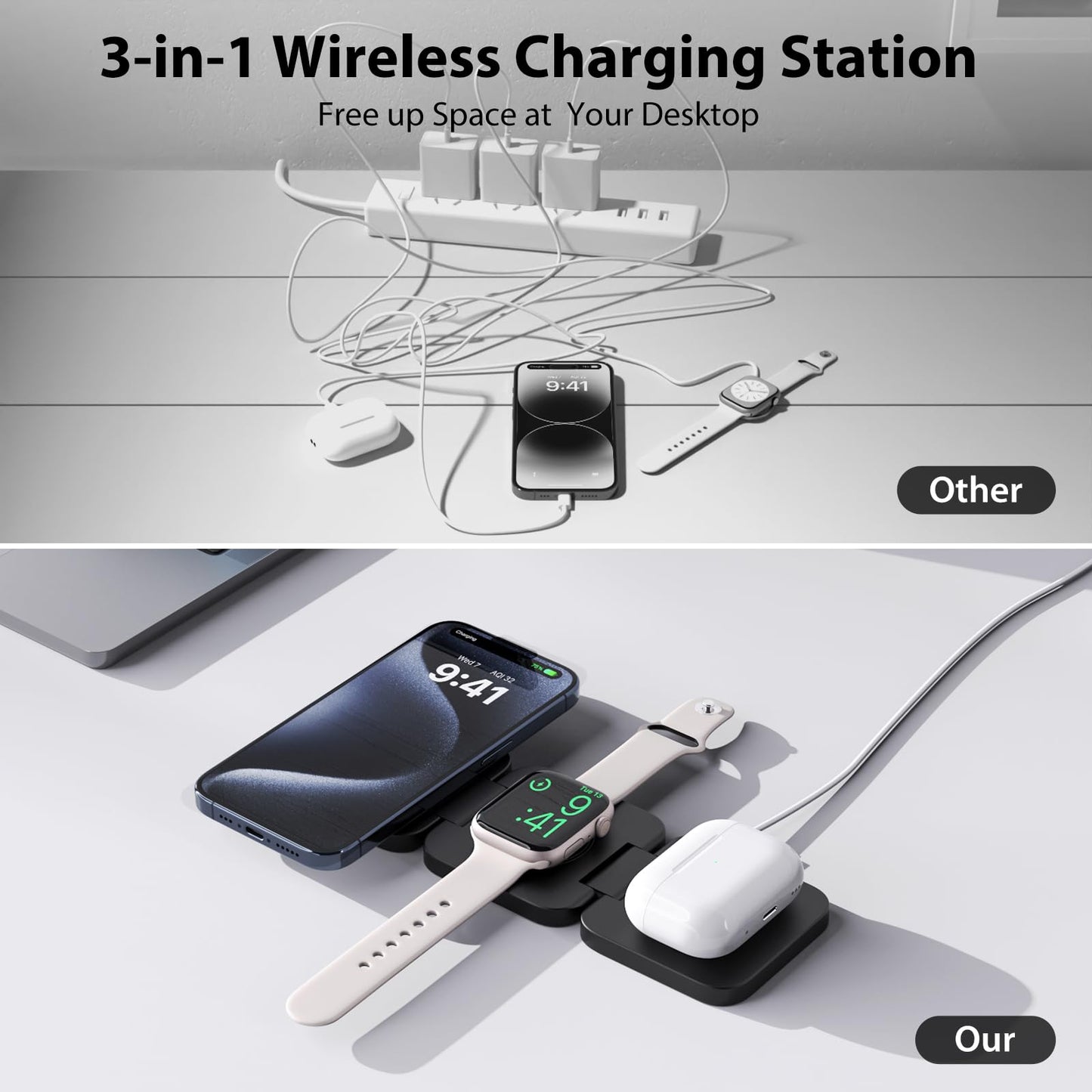 KU XIU Fast Wireless Charger, Magnetic Foldable 3 in 1 Charging Station for iPhone 16/15/14/13/12/Pro/Plus/Pro Max, 5W Portable Charger for Apple Watch9/8/7/6/5/4/3/SE, for Airpods3/2/Pro-Black