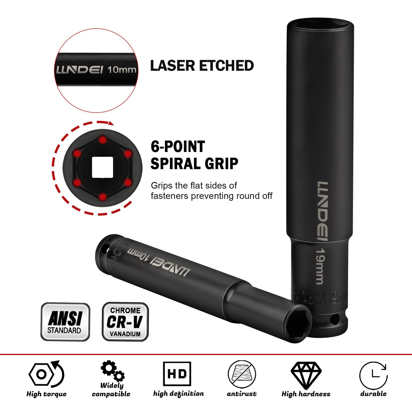 LLNDEI 14 Piece 3/8" Drive 6 Point Deep Impact Socket Set, Including 12PCS Extra Long Deep Impact Sockets in Metric Sizes (6mm,7mm,8mm,9mm,10mm,11mm,12mm,13mm,14mm,15mm,17mm,19mm)
