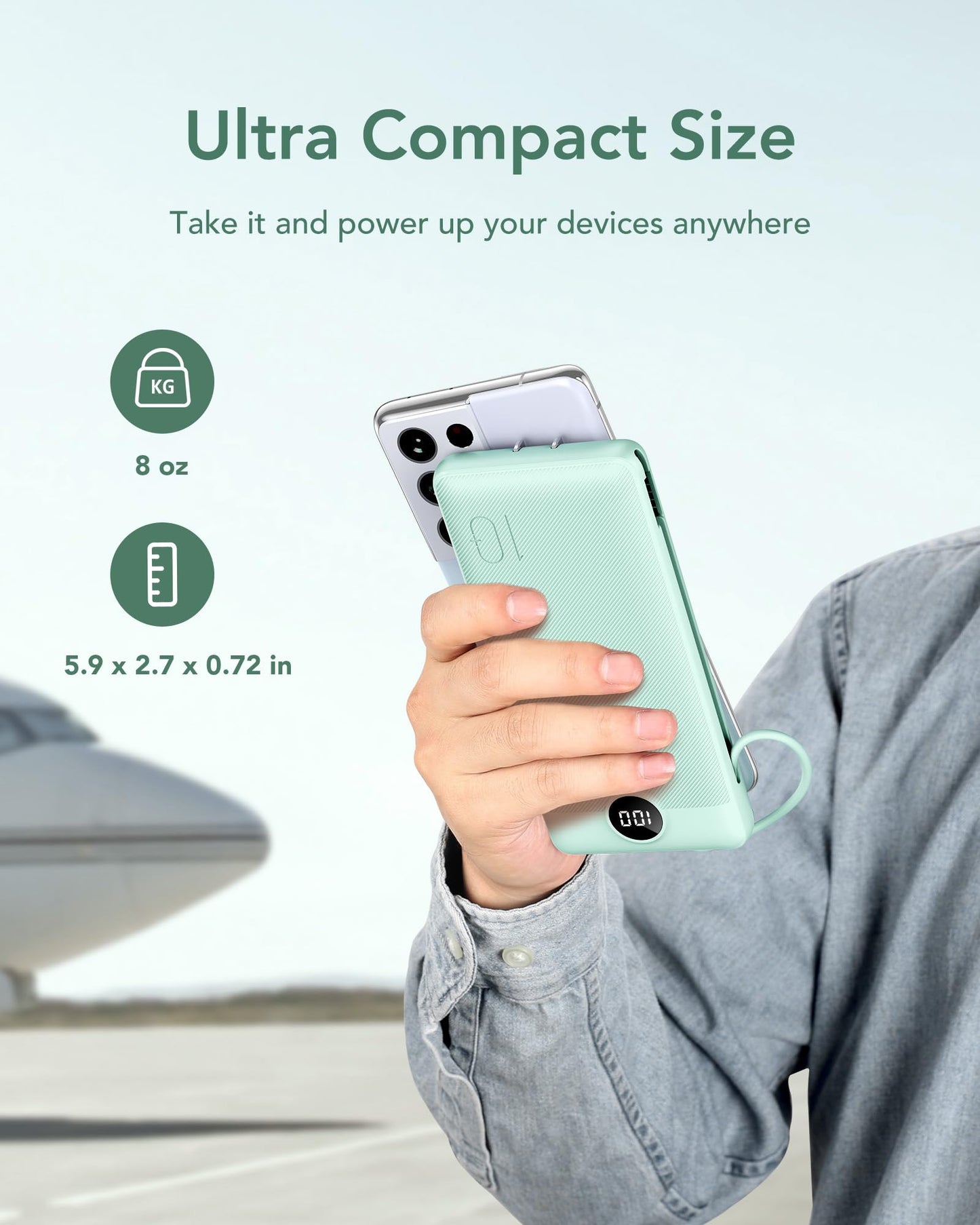 VEGER Portable Charger for iPhone with Built in Cables and Wall Plug, 10000mah Slim Fast Charging USB C Power Bank, Travel Essential Battery Pack Compatible with iPhone, iPad, Samsung etc(Green)