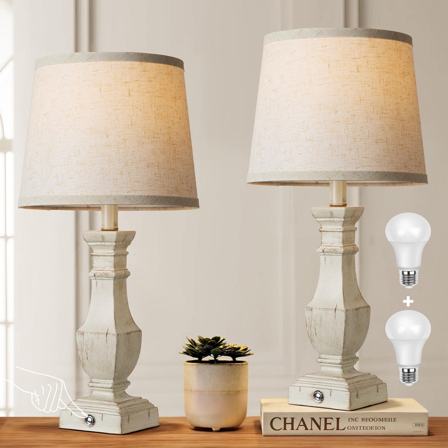 ROTTOGOON Dimmable Table Lamps Set of 2, Rustic Farmhouse Table Lamps for Living Room Bedroom, Bedside Desk Lamps for End Tables, Touch Lamps for Nightstand, 9W Bulbs Included, 22", Antique White