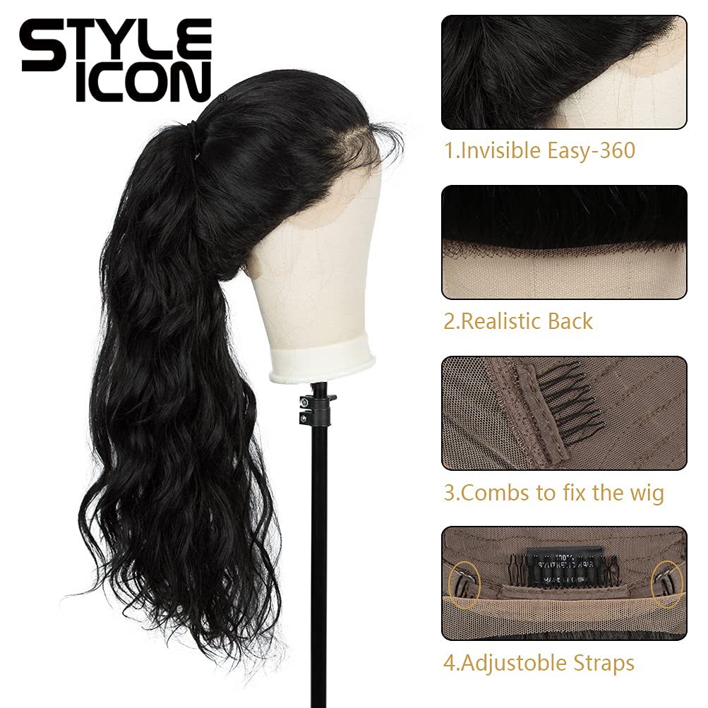 Style Icon Easy-360 Lace Wigs 36" Free Part Lace Frontal Wigs Super Long Wavy Wig Synthetic Wig (36 Inches, 1B)