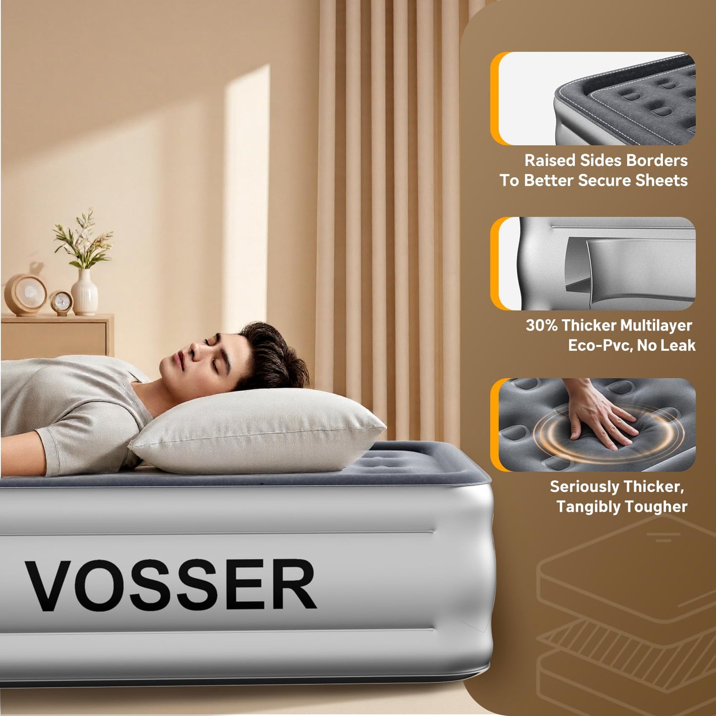 VOSSER Twin Air Mattress with Built in Pump,18” Raised Blow Up Mattress,Inflatable Mattress in 2 Mins,Single Twin Size Air Mattress for Camping,Floor&Travel, Air Bed for Adults,330LB Max