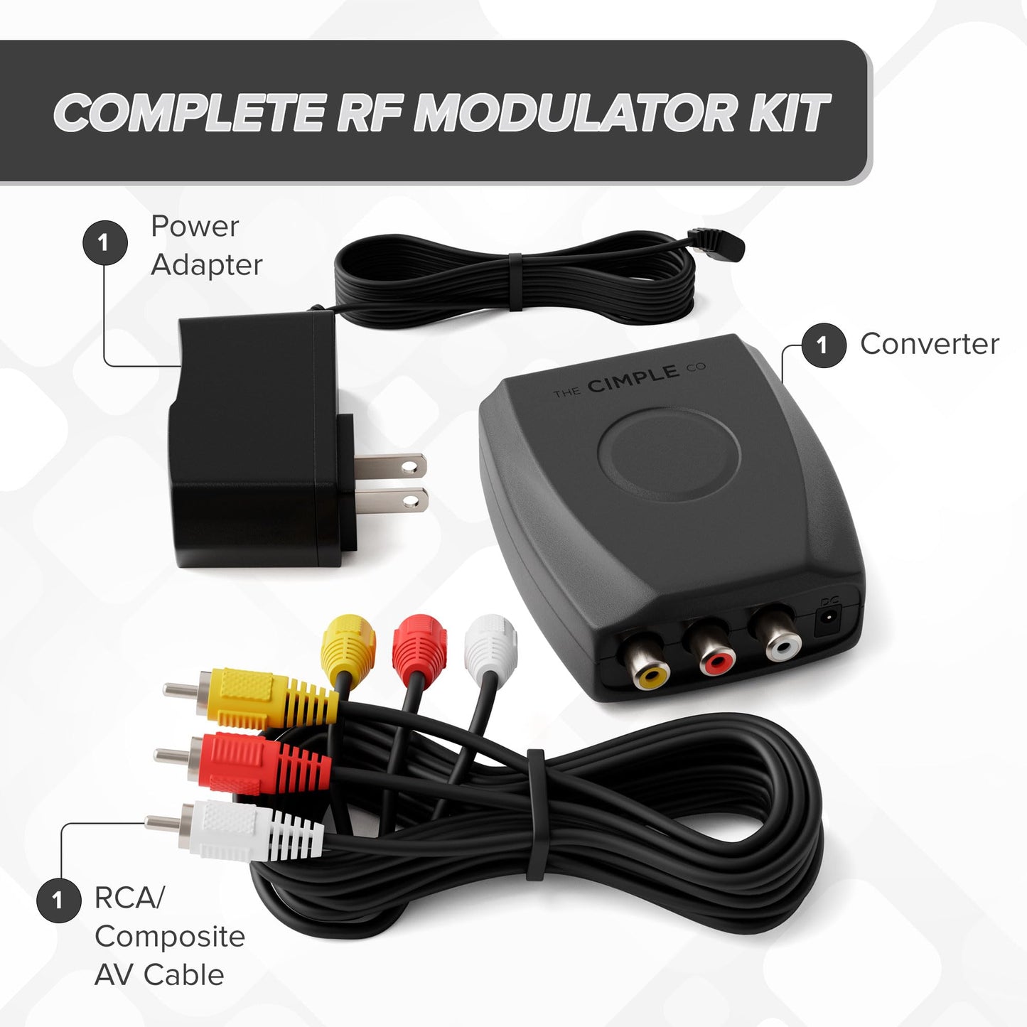 THE CIMPLE CO - RF Modulator, RCA Composite to RF Coaxial Adapter, Converts Standard Definition Signals to Coax, Watch DVD, VHS, Game Consoles on TV, Includes A/V Cable