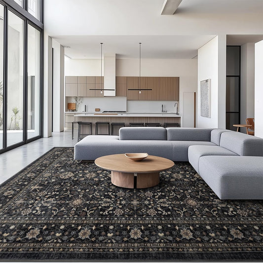 Area Rug Non Slip Machine Washable Ultra Soft Living Room/Bedroom/Kitchen/Outdoor/Classroom Black Grey, 9'×12'
