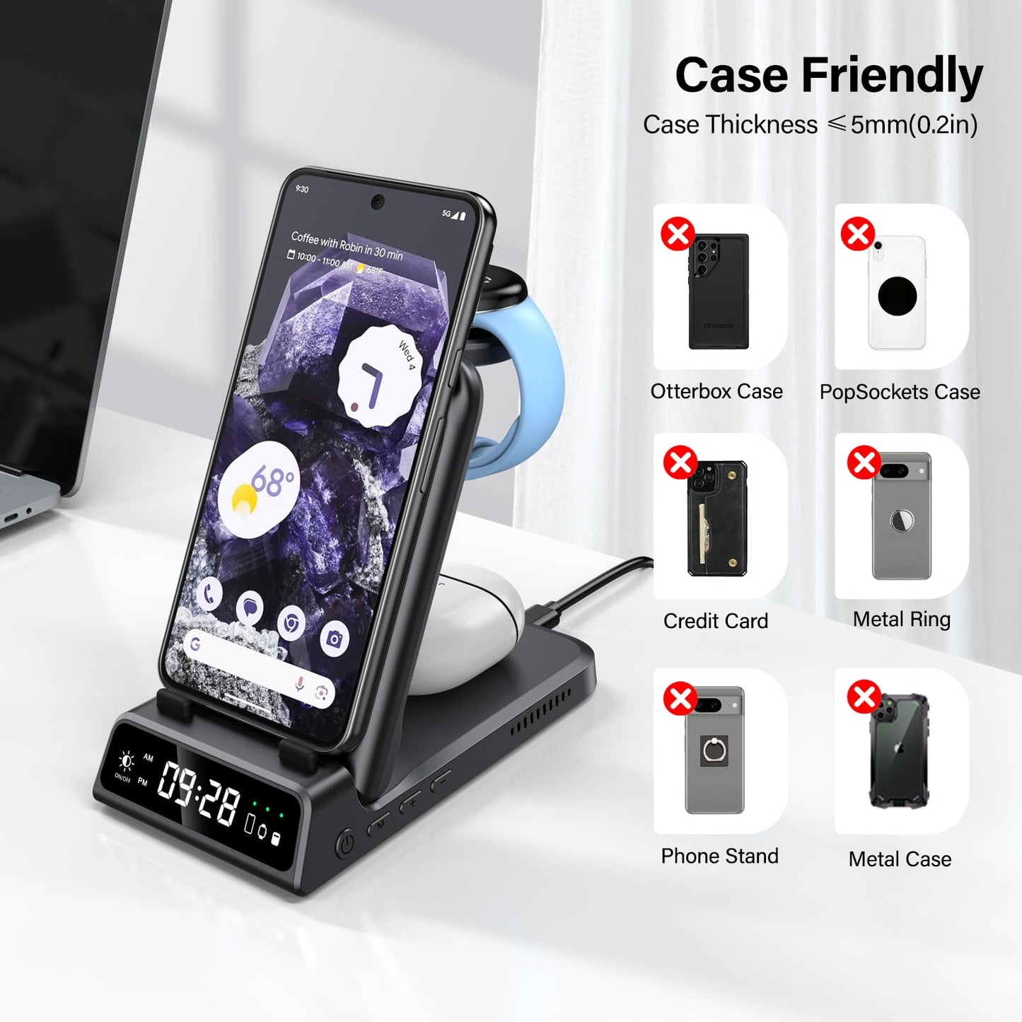SwanScout Wireless Charger Stand for Google Pixel Watch 3/2 (Not for Watch 1), Upgraded 3 in 1 Wireless Charging Station for Pixel 9 Pro/9/8/7/6/5/4, Pixel Buds Pro/2, SwanScout 703G2 (No Adapter)