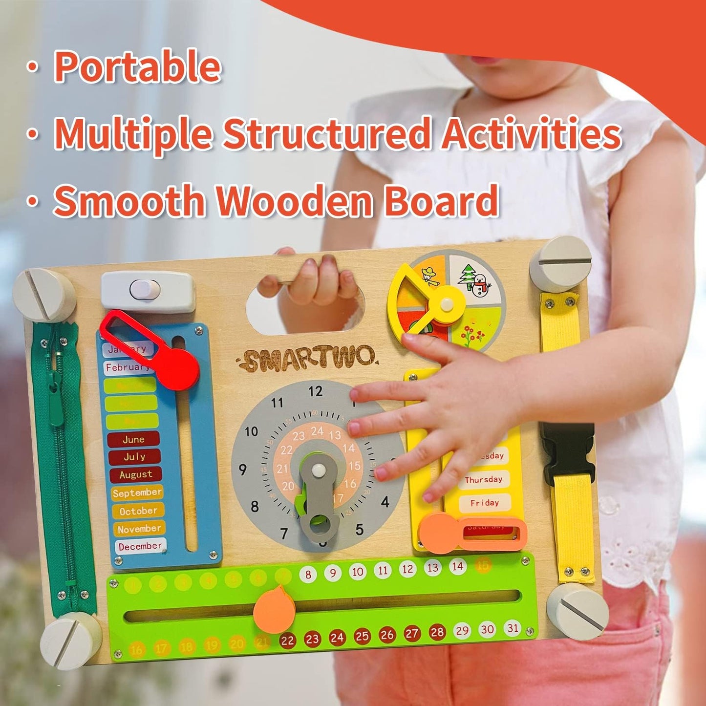 Smartwo Double-Sided Busy Board, Montessori Activities Wooden Sensory Toy for Preschool Educational Learning, Train Fine Motor, Concentration, and Life Skill Abilities for Kids 3+ Years Old