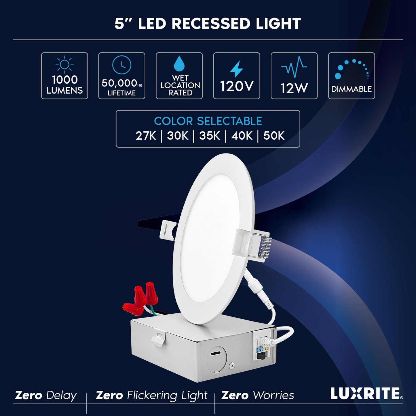 Luxrite 5 Inch Ultra Thin LED Recessed Light with Junction Box, 12W, 5CCT Color Selectable 2700K | 3000K | 3500K | 4000K | 5000K, Dimmable Wafer Lights, 1000 Lumens, ETL & Energy Star, IC Rated 4-Pack