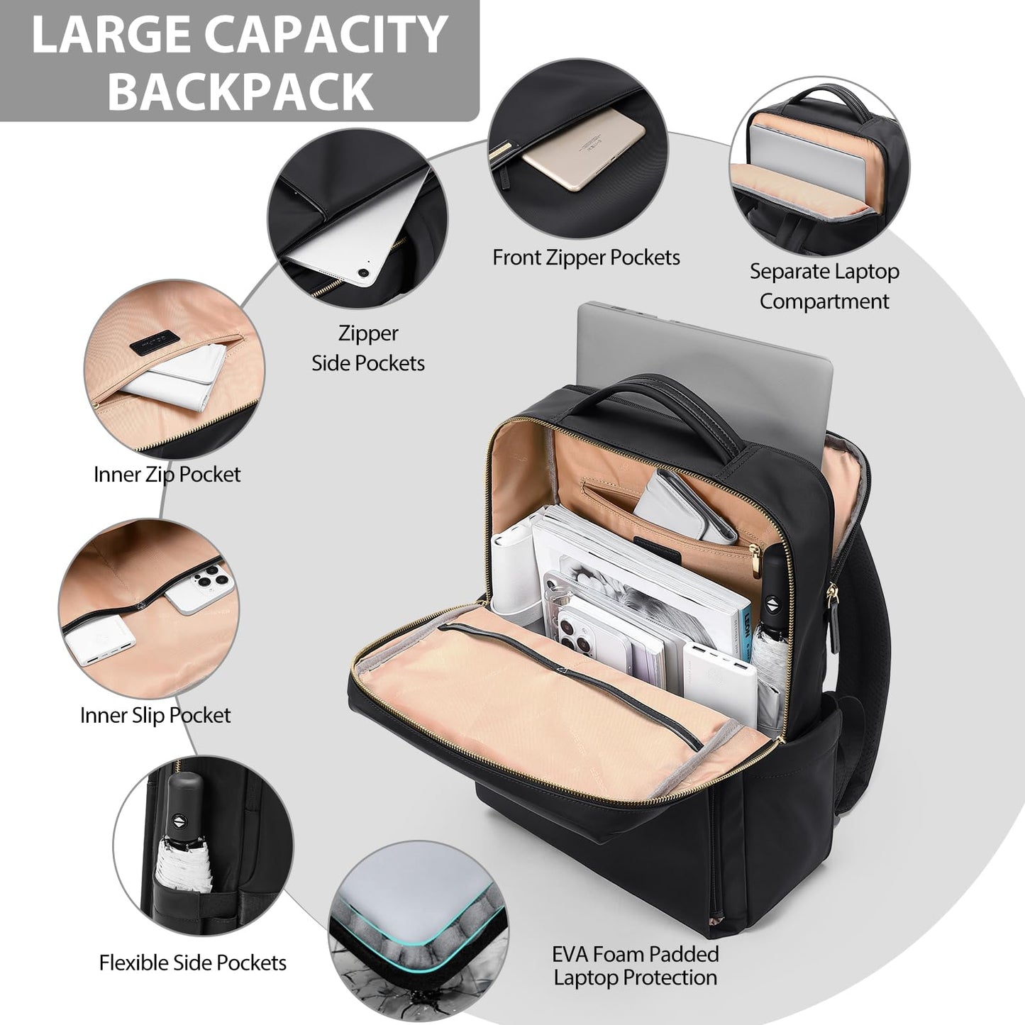 GOLF QUALITY Laptop Backpack for Women, Work Business Traval Computer Backpacks with Laptop Compartment Waterproof Casual Daypack for Travel College,16Inch,Black