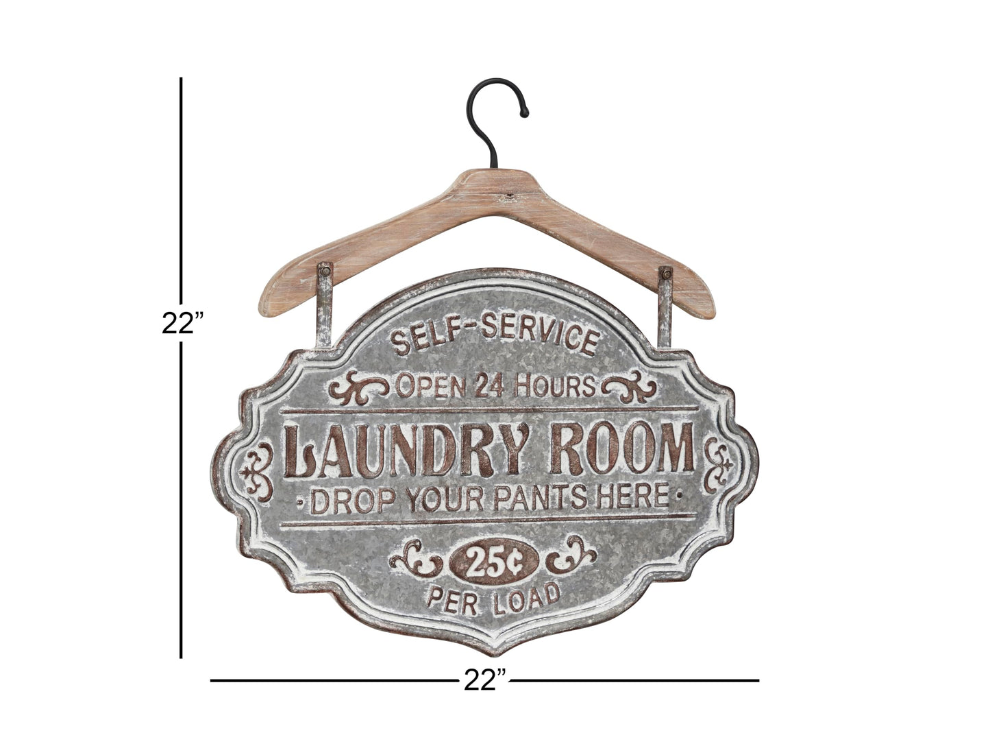 Deco 79 Metal Sign Home Wall Decor Laundry Room Wall Sculpture with Brown Wood Hanger, Wall Art 22" x 1" x 22", Gray