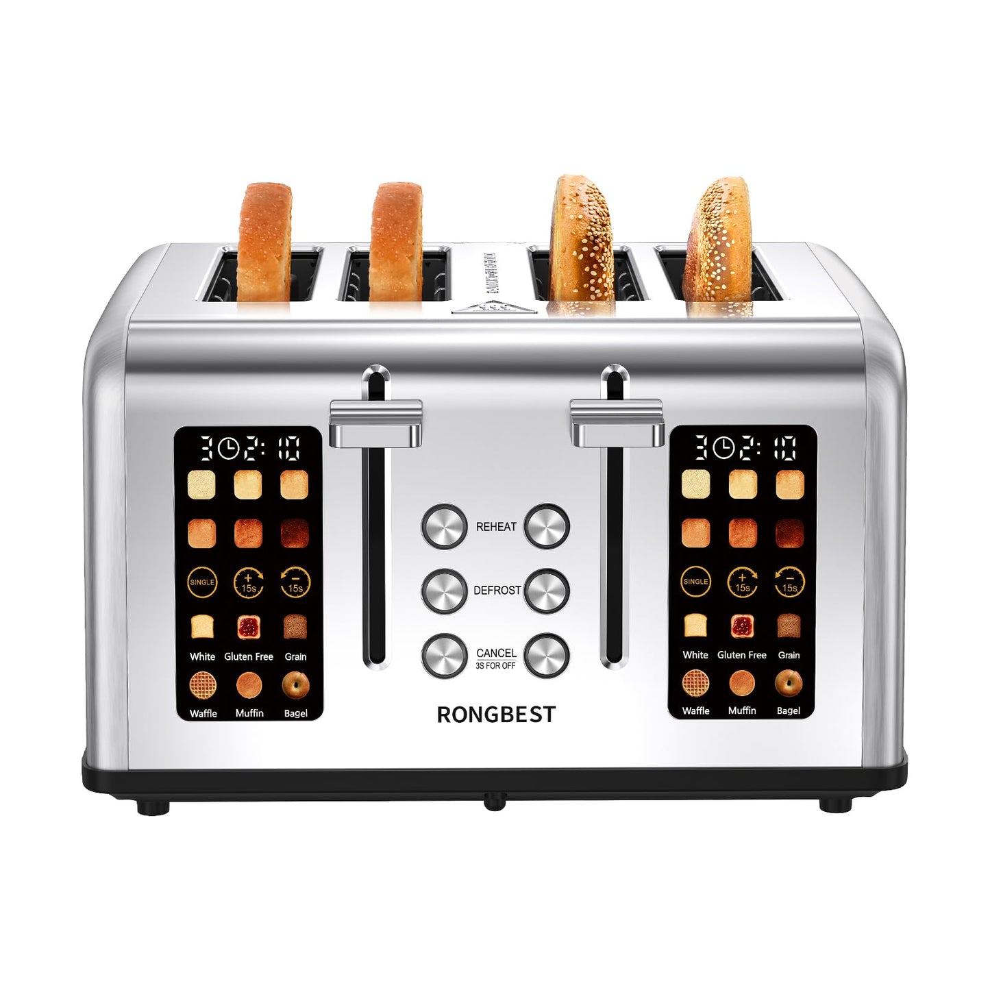 4 Slice Touch Screen Toaster, Stainless Steel Toaster with Wide Slots for Bagels and Bread, Reheat/Defrost/Cancel Functions, Removable Crumb Tray, Silver
