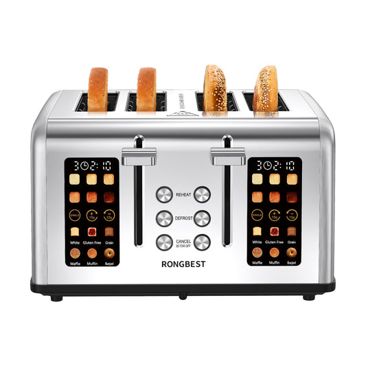 4 Slice Touch Screen Toaster, Stainless Steel Toaster with Wide Slots for Bagels and Bread, Reheat/Defrost/Cancel Functions, Removable Crumb Tray, Silver