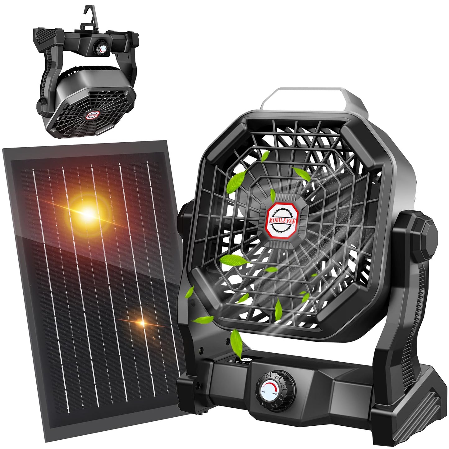 JINLICTE Solar Fan with LED Lantern, Camping Fan with 7W Solar Panel, Rechargeable Solar Powered for Outside, Quiet Battery Operated Tent for Picnic, Barbecue, Fishing, Travel