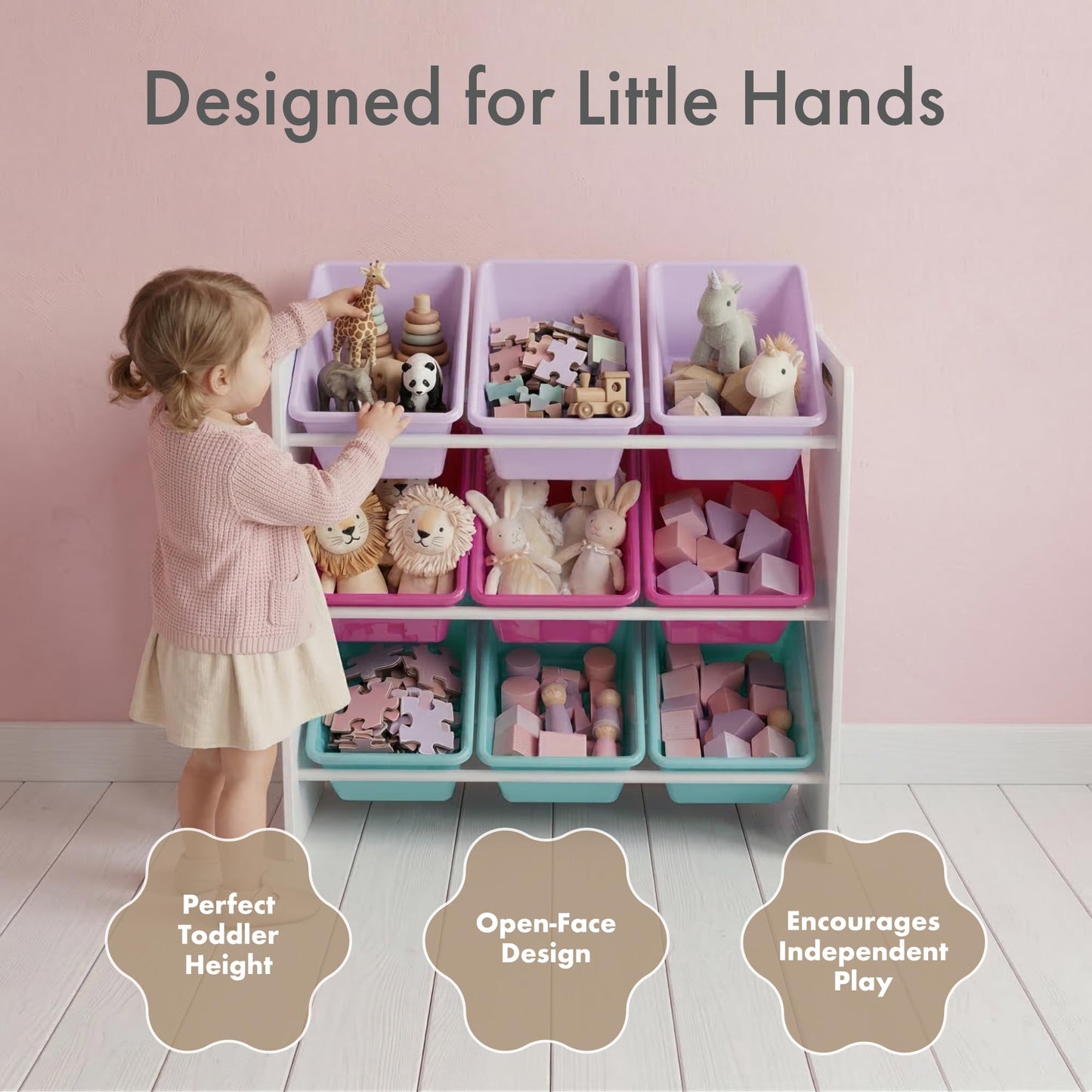 Humble Crew Toy Storage Organizer with 9 Removable Storage Bins for Kids Playroom, 3-Tier Toddler Toy Organization and Storage, White/Pink/Purple/Aqua