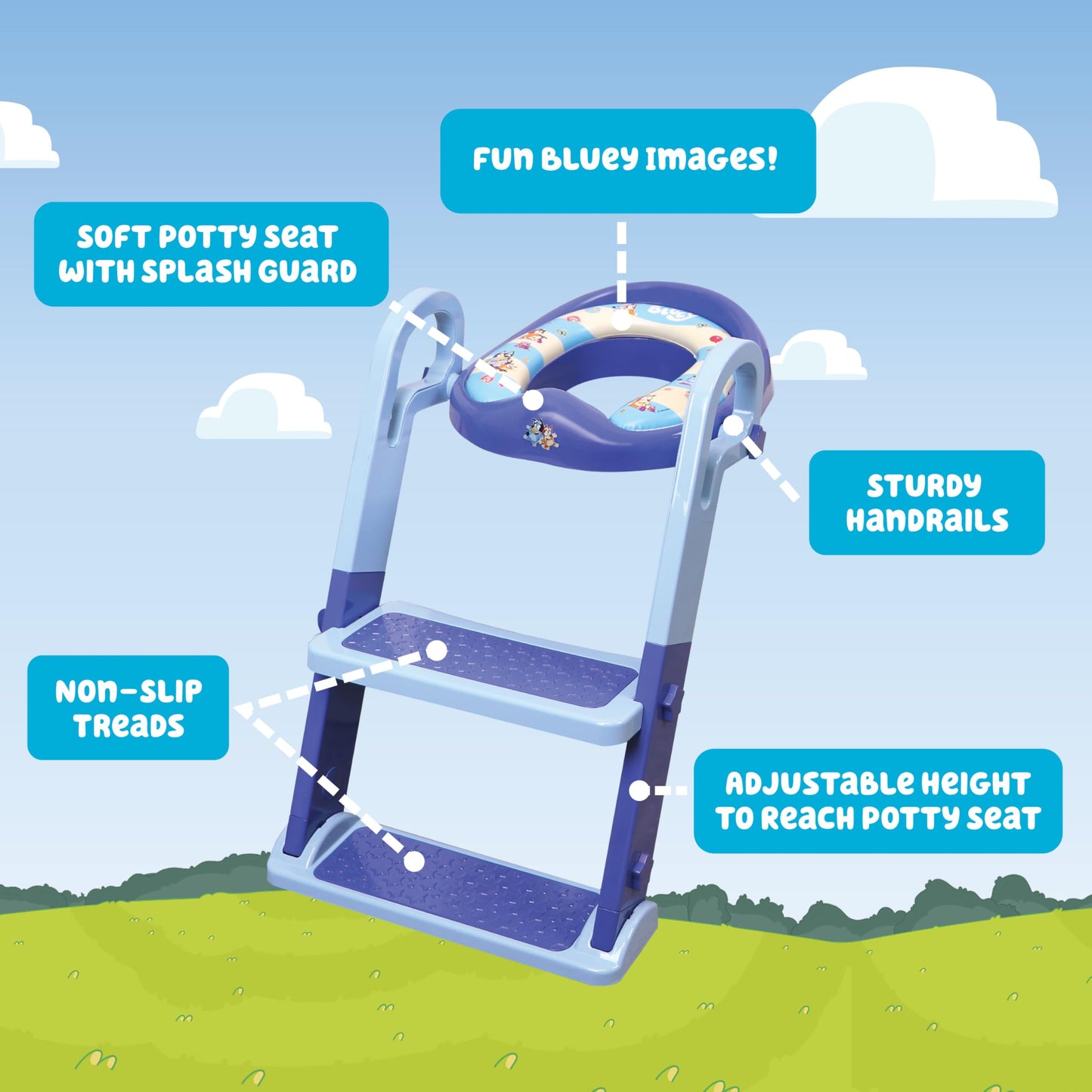 Bluey Step & Sit Potty Trainer; Secure Ladder for Kid-Safe Climbs to Potty; Fun Bluey Images on Cushioned Potty Seat; Adjustable Ladder Height; Removable Seat for Cleaning; Folds for Storage