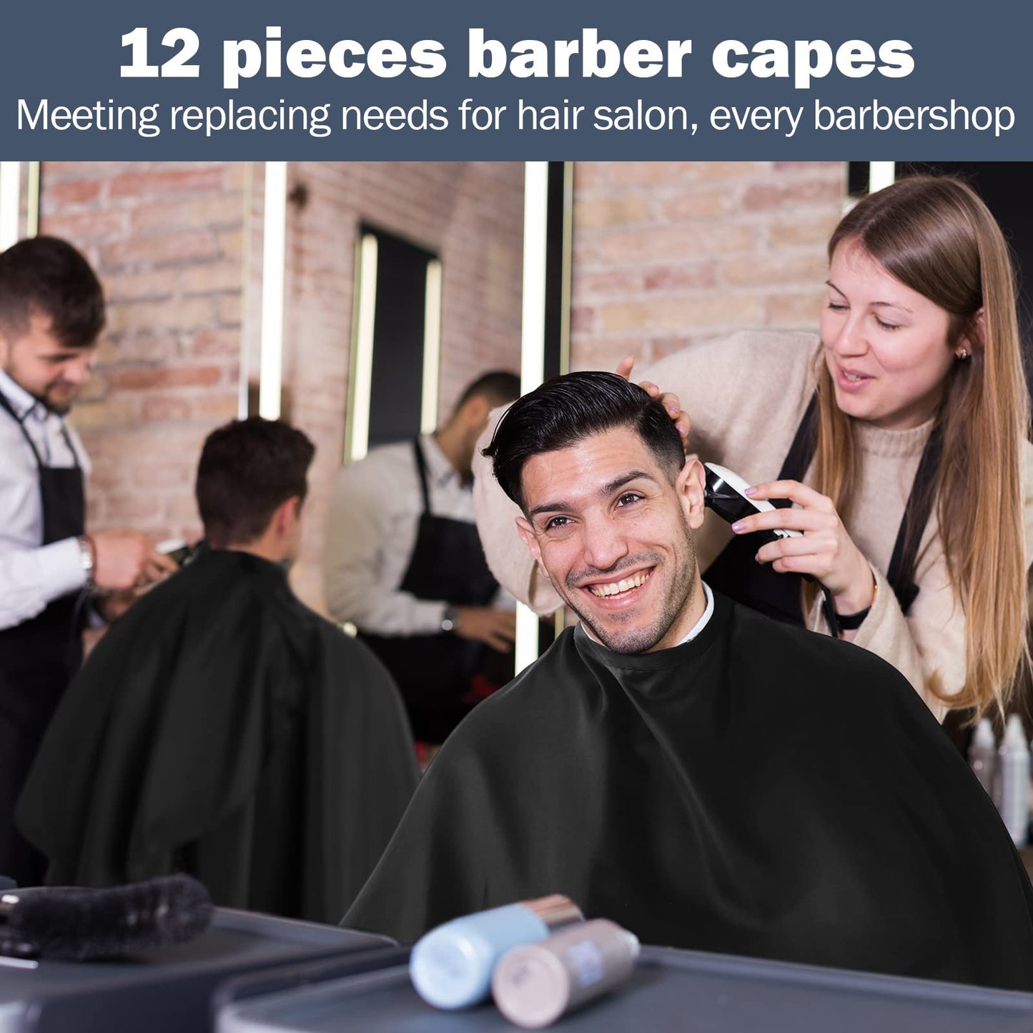 12Pcs Barber Cape 64 x 56'' Large Waterproof Hair Cutting Salon Cape Adjustable Snaps for Hair Dye Salon Stylist Supplies(Black)