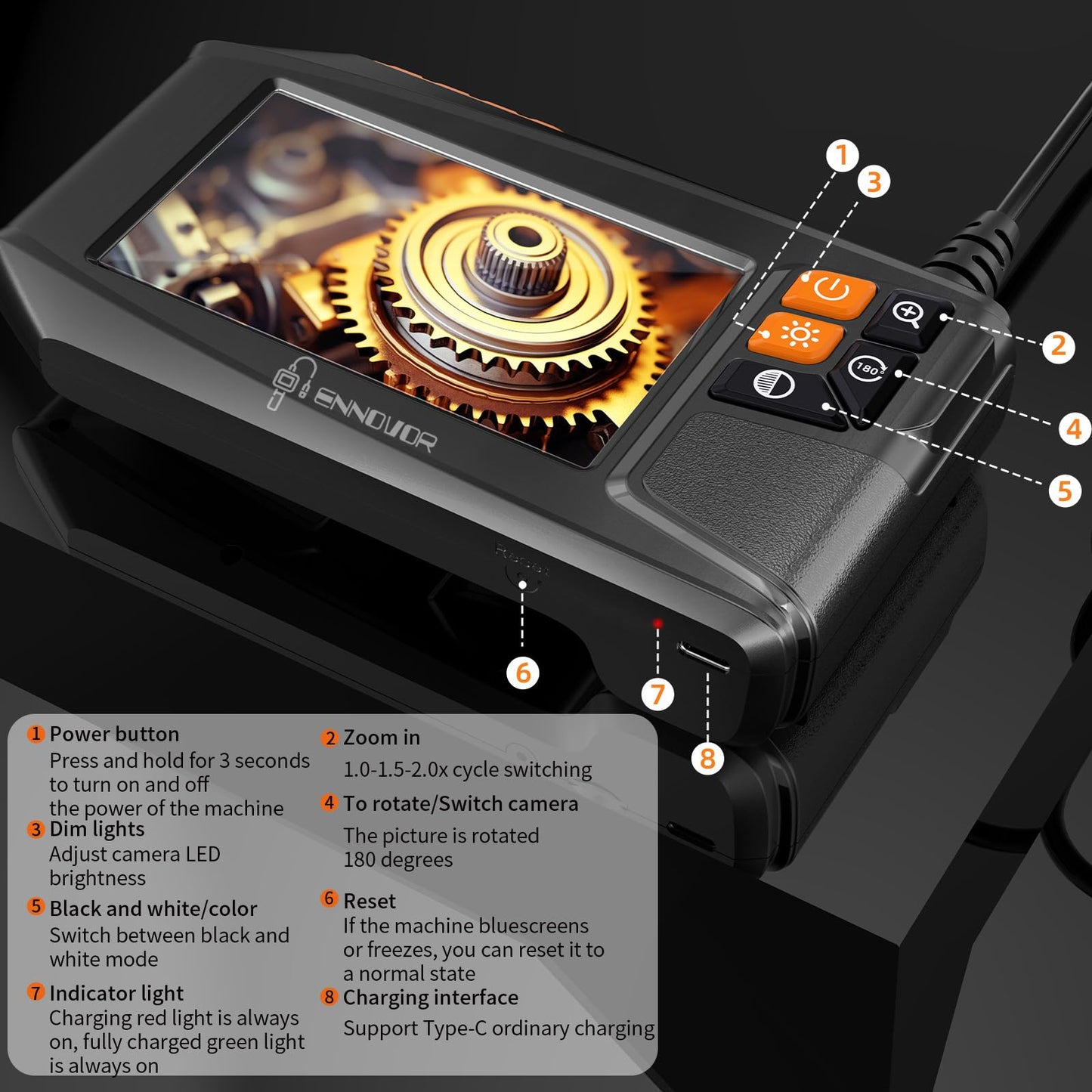 Endoscope Camera with Light, 4.3" HD 1920P Borescope Snake Inspection Camera, IP67 Waterproof 8 Adjustable LEDs 32.8ft Semi-Rigid Tool Kit for Automotive Plumbing DIY Cool Gadgets
