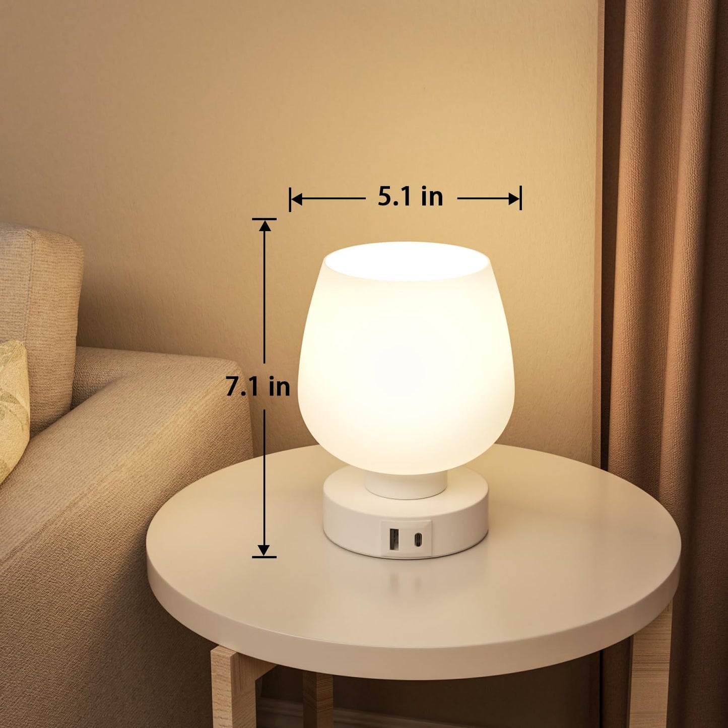 Seealle Touch Table Lamp for Nightstand Set of 2 - Bedside Lamp with USB C+A Charging Ports for Bedroom Living Room Night Stands, Desk Lamp with White Glass Shade for Small Spaces, 3 Way Dimmable
