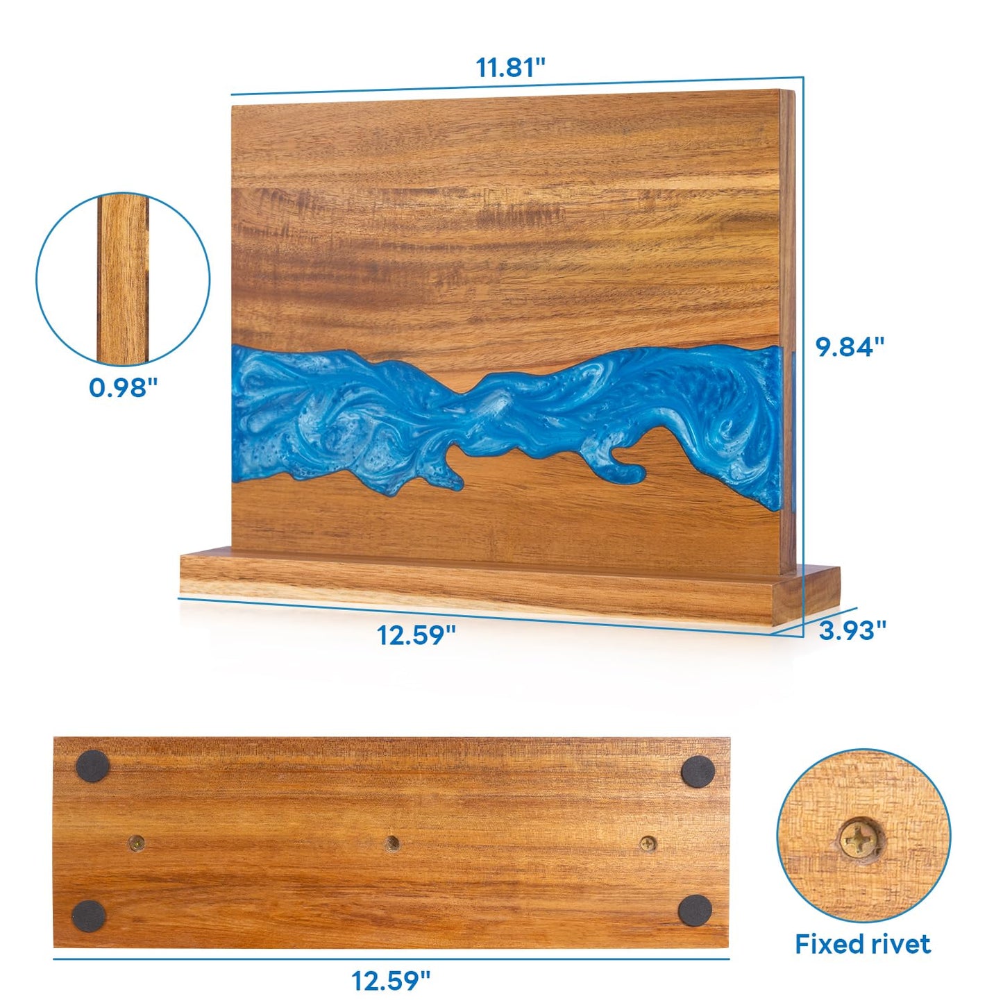 minyuexia magnetic knife holder - Acacia wood Magnetic Knife Block, Magnetic Knife Storage with double-sided magnetic, blue resin river, 12.59 × 9.84 inches (Without knife)