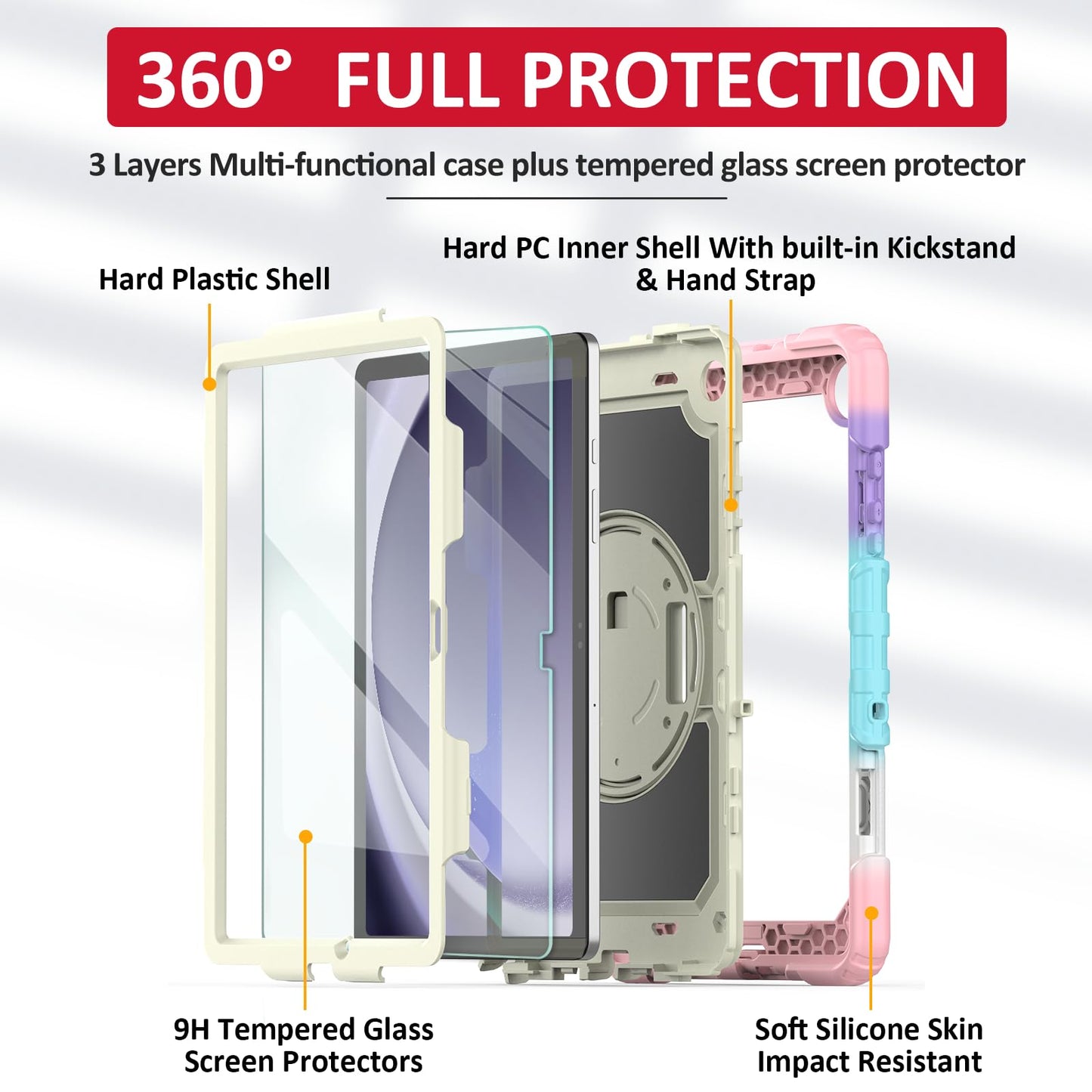Ambison Case for Samsung Galaxy Tab A9+ 11'' 2023, [Kids Proof] Full Body Protective Case with 9H Tempered Glass Screen Protector, 360° Rotatable Kickstand & Hand Strap (Light Pink)