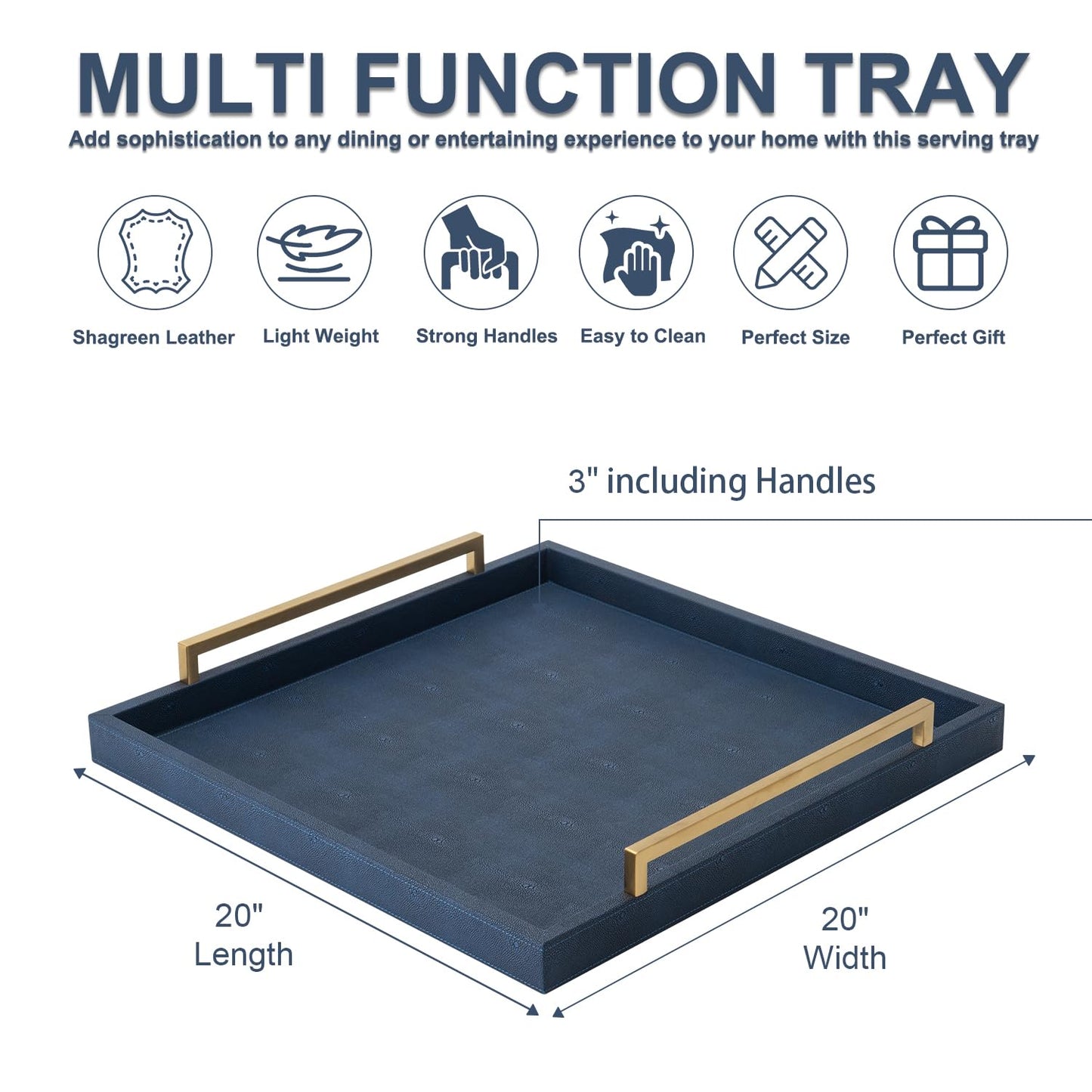 Large Navy Blue Decorative Tray for Ottoman,Stylish Rectangle Coffee Table Tray with Handles,Versatile Serving Tray for Living Room and Home Decor