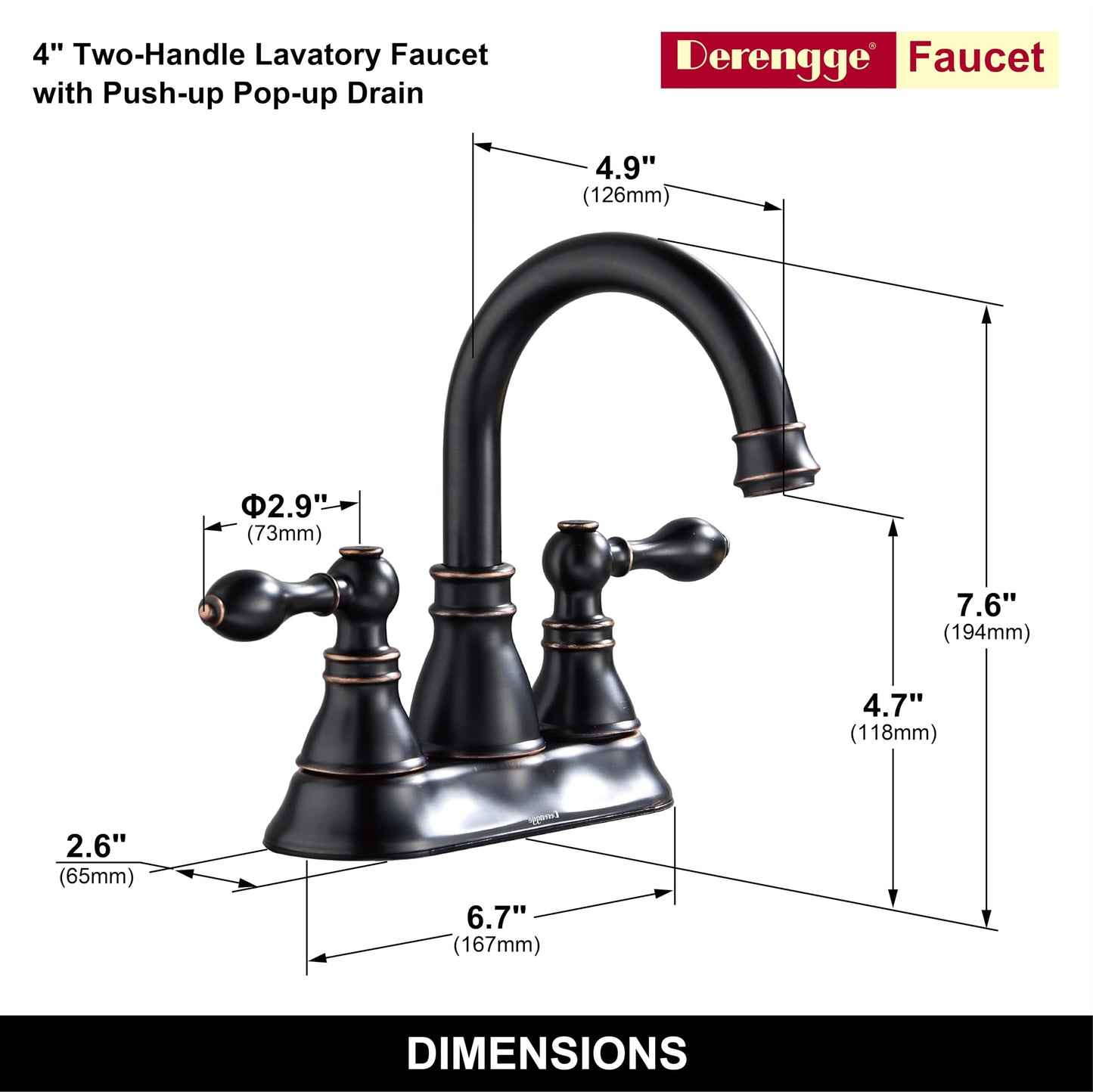 Derengge 2 Handle Oil Rubbed Bronze Bathroom Sink Faucet 3 Hole with Overflow Pop up Drain,360° Swivel Spout 4 Inch Centerset Lavatory Faucet,F-4501-NB