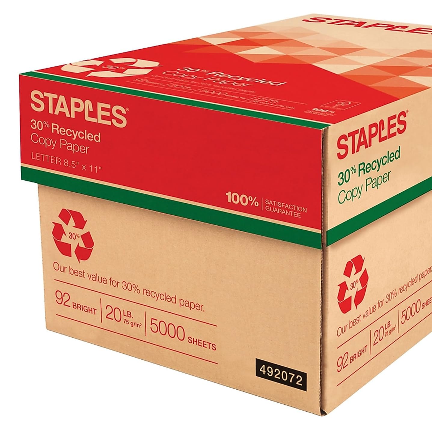 Staples 30% Recycled Copy Paper, 8 1/2" x 11", Case, For Office, School & Home