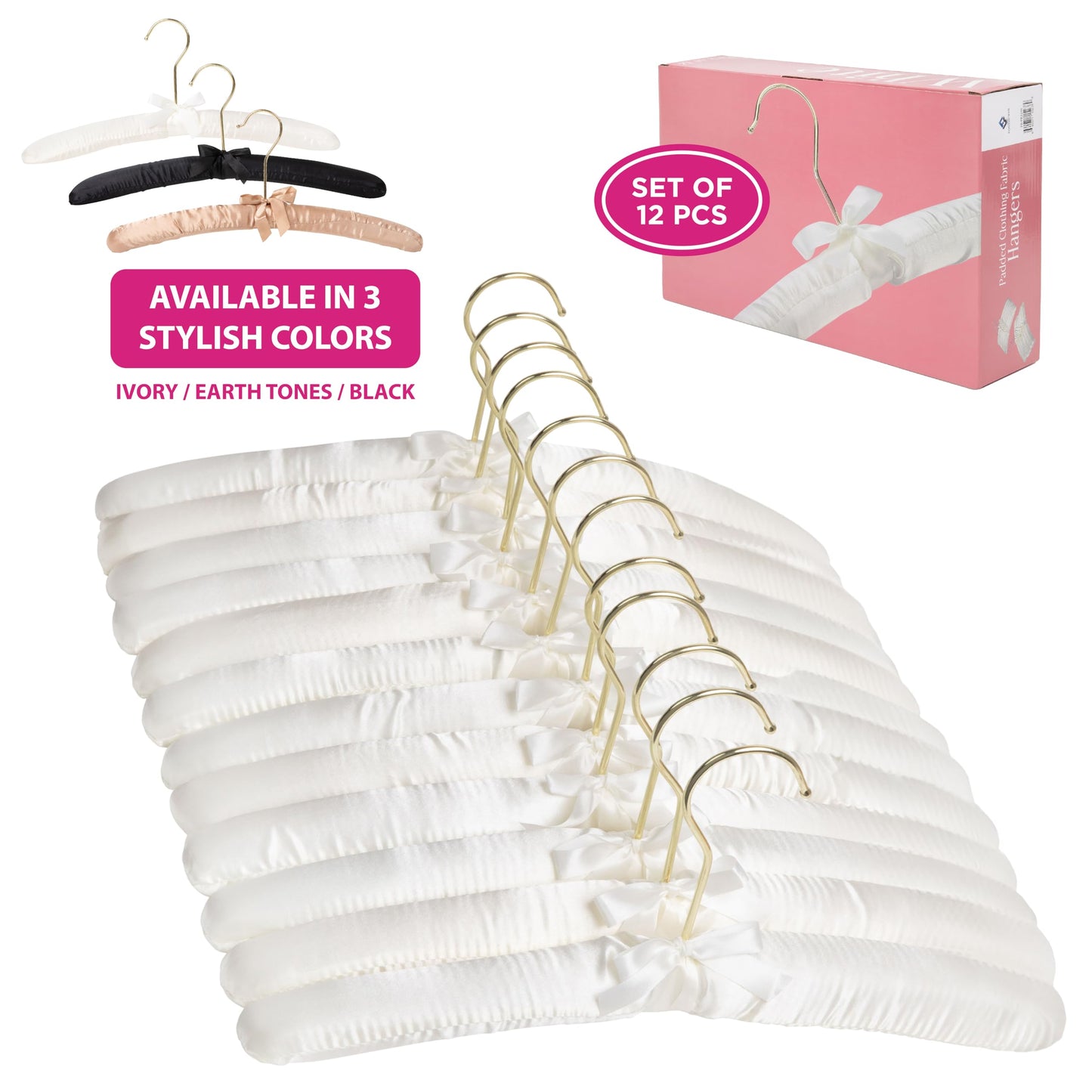 Padded Clothing Fabric Hangers for Women Clothing - Set of 12 Premium Hangers for Closet, Bride Hanger for Wedding Dress, Sweater - Ivory