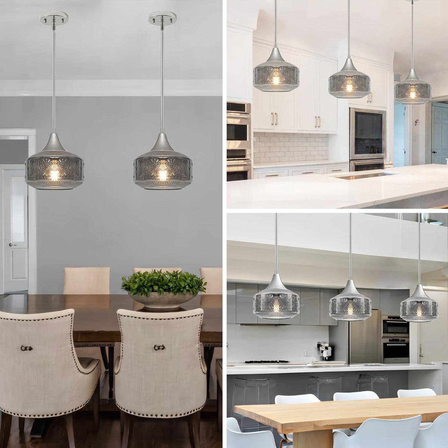 Modern Chrome Pendant Lights Kitchen Island, 9 Inch Smoke Grey Glass Pendant Light with Adjustable Hanging Rod, E26 Socket, for Kitchen Island Lighting, Bathroom, Hallway & Entryway Home Decor