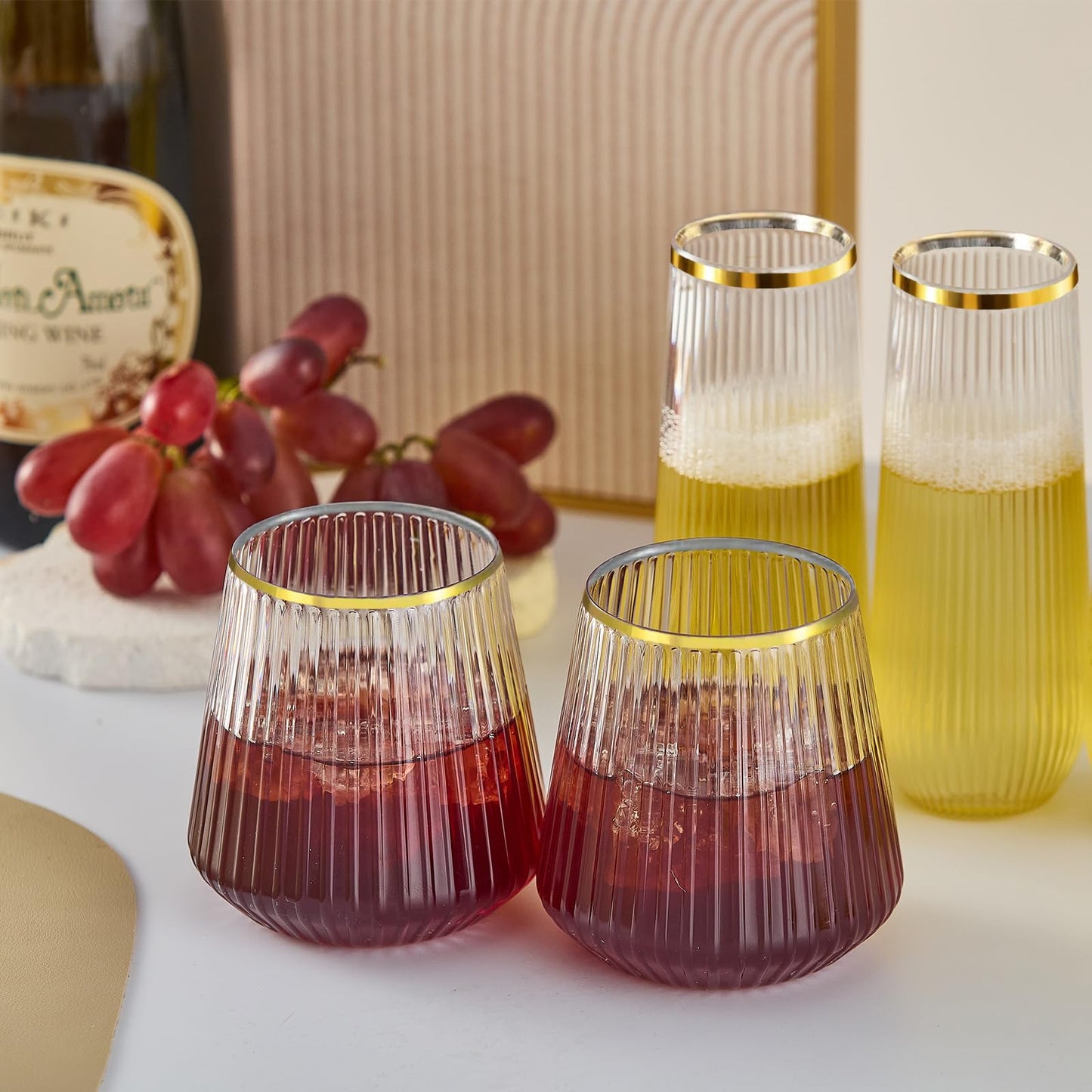 Lueumxc 56 Pack Plastic Wine Glasses Disposable Ribbed gold Champagne Flutes, 32 Pcs 9 OZ Stemless Champagne Flutes & 24 Pcs 14 OZ Disposable Wine Glasses, BPA-Free