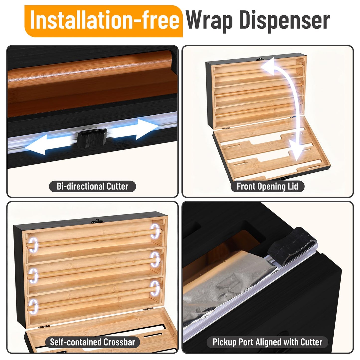 Allinside Magnetic Plastic Wrap Dispenser with Cutter, 3 in 1 Refrigerator Bamboo Wood Organizer for Tin Foil, Baking, Wax Paper Holder Kitchen Storage Box Compatible with 12.9" Roll, Black (3 Layer)
