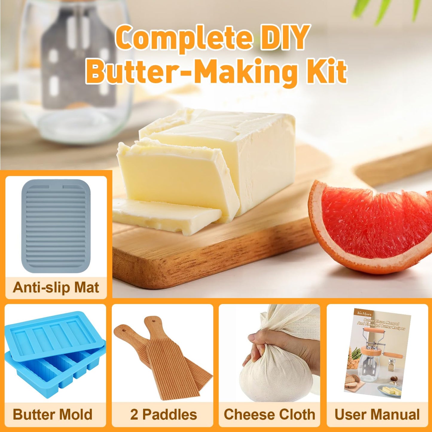 TeeMars Butter Churner - Upgraded Hand Crank Mason Jar Butter Churn, 34oz Butter Churn Kit with 14 Recipe, Butter Paddle, Butter Mold with Lid, Cheese Cloth, Anti-slip Mat, Homemade Butter in 15Min