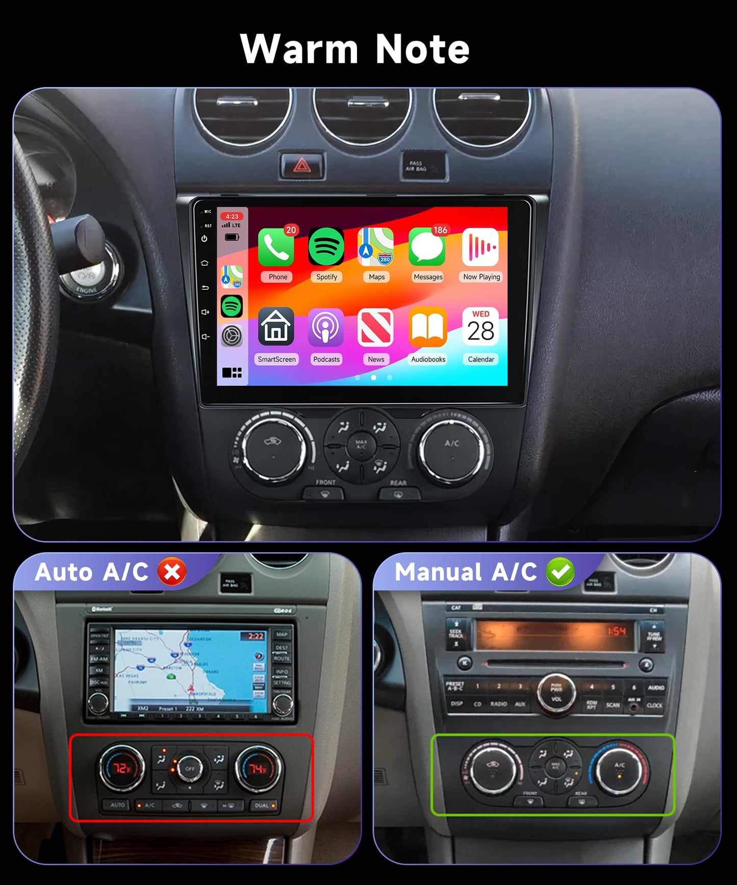 【HiFi 16EQ】 2G+64G Car Stereo Radio for Nissan Altima 2008-2012 Manual A/C with Carplay Android Auto MirrorLink,Podofo 9inch 1080P IPS HD IPS Touchscreen Bluetooth RDS FM Radio GPS WiFi Backup Camera